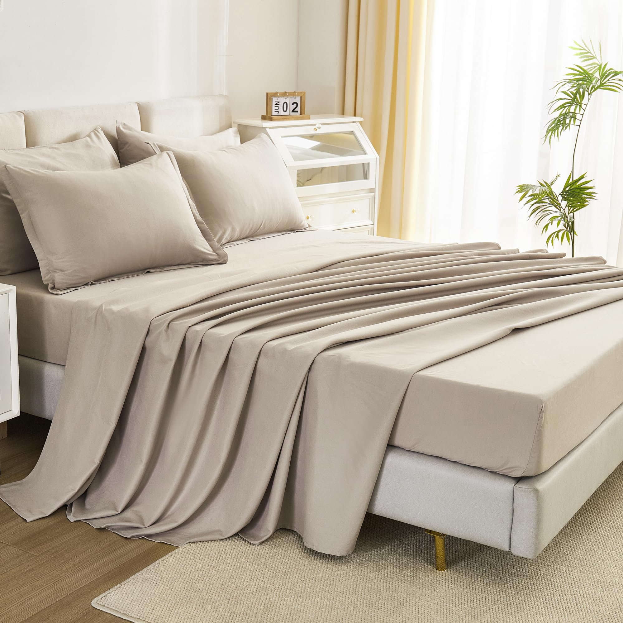 Litanika 7-Piece King Size Comforter Set in Oatmeal - Lightweight Bedding Set Includes Comforter, Sheets, Pillowcases & Shams | Perfect for Master Bedroom, Guest Room & Cozy Home Decor