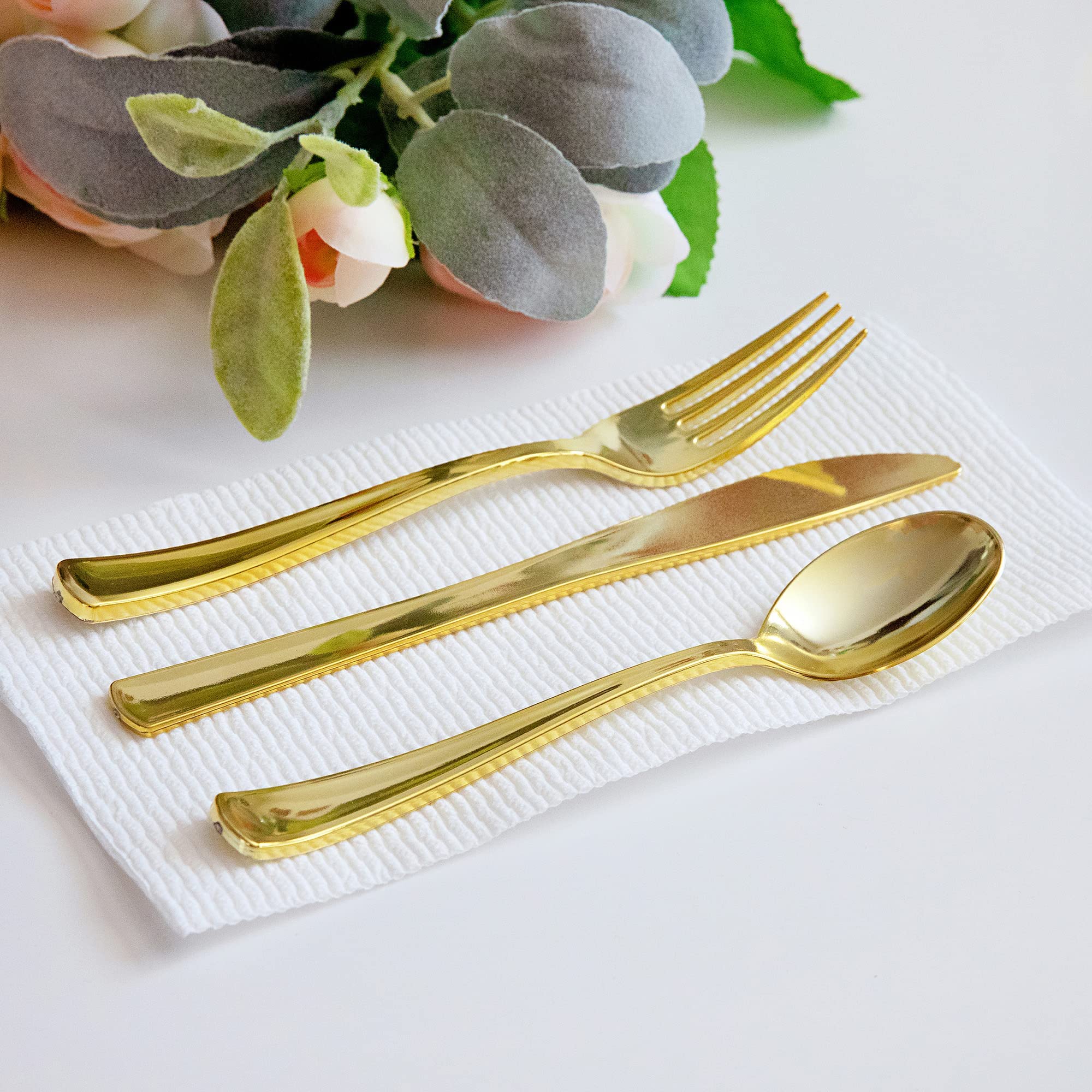 200-Piece Premium Heavy-Duty Gold Plastic Cutlery Set - 100 Forks, 50 Spoons & 50 Knives - BPA-Free Disposable & Reusable Utensils for Parties, Picnics, Weddings & Catering Events (Gold)
