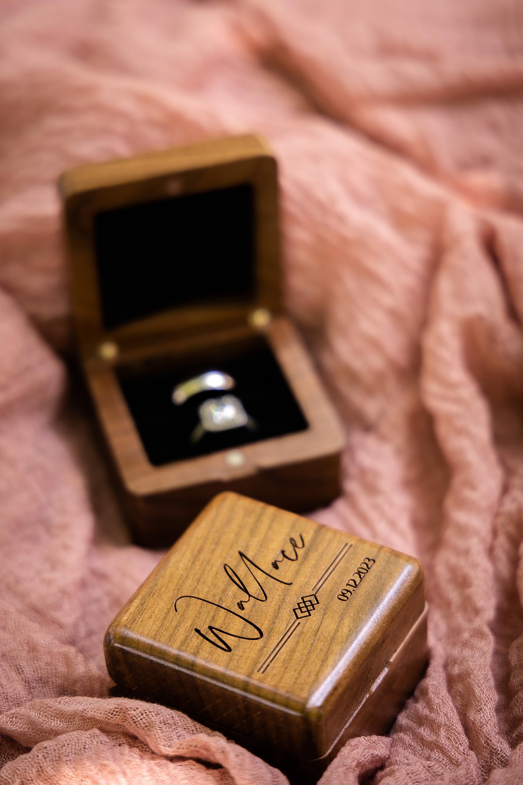 Engraved Square Ring Box - Walnut Wood Proposal, Engagement & Wedding Ring Holder - Personalized Ring Bearer Gift Box (Design 1) - Perfect for Marriage Proposals, Anniversary Gifts & Jewelry Storage