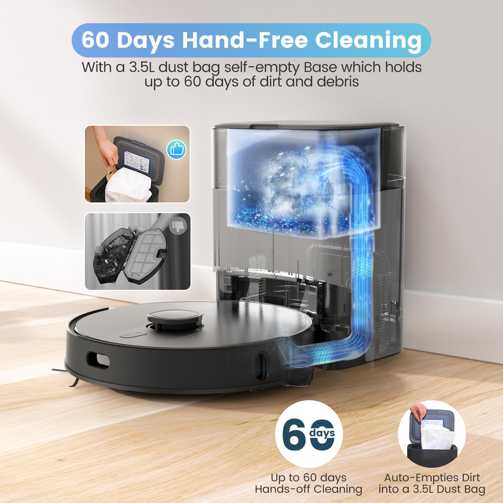 AIRROBO T20+ Robot Vacuum and Mop Combo with Self-Emptying Base, 60-Day Dustbin Capacity, Smart Mapping, Wi-Fi/App/Alexa Control, 180min Runtime - Ideal for Pet Hair, Hard Floors & Carpets in Large Homes