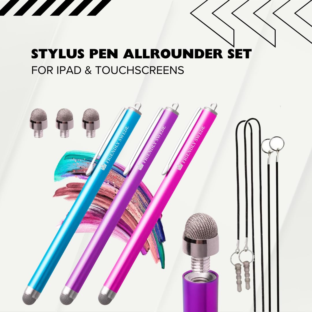 Friendly Swede Stylus Pen for iPad & iPhone - 3-Pack with Replaceable Tips for Touchscreen Use