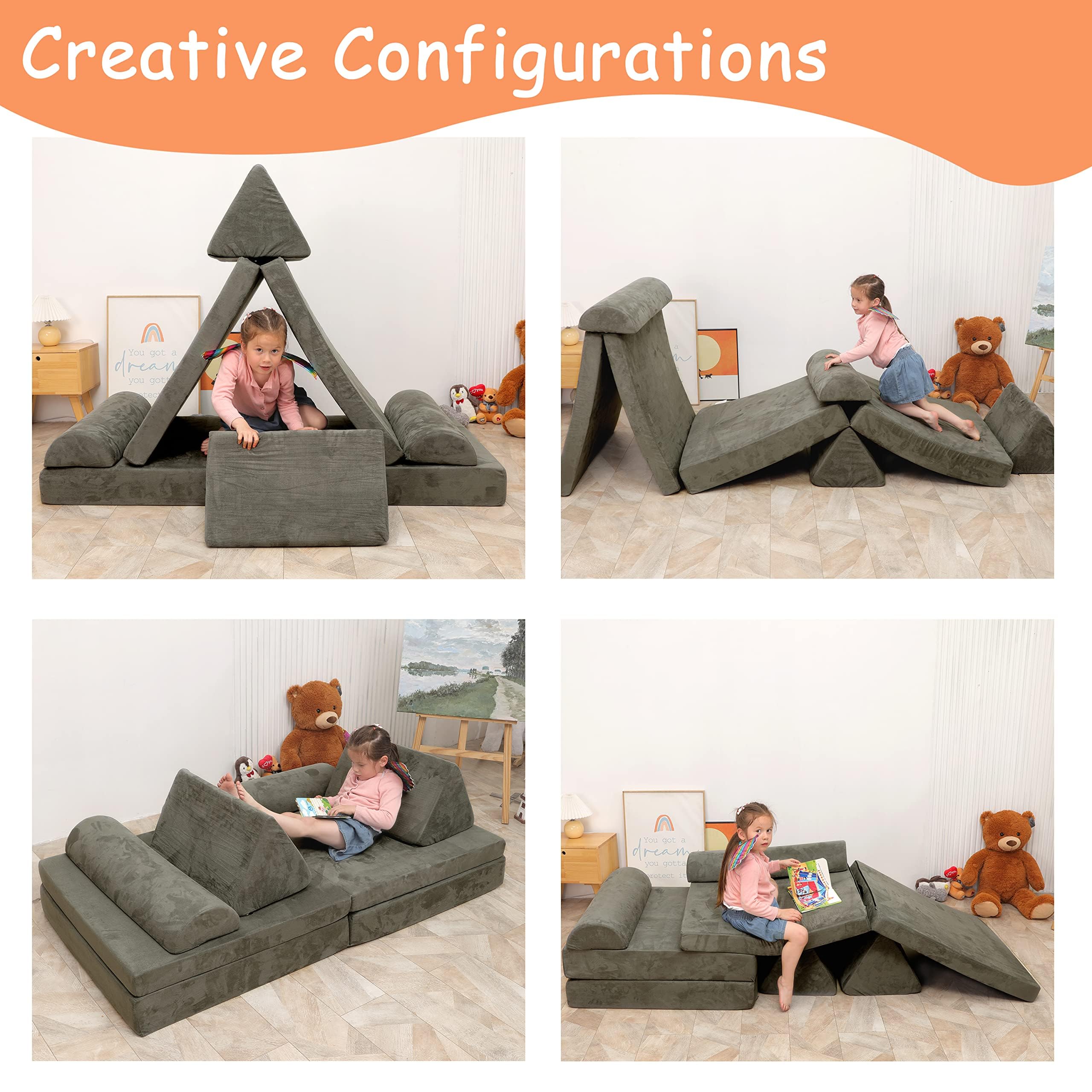 **Large Modular Play Couch for Kids – Convertible Foam Cushion Sofa for Boys & Girls, Charcoal Grey – Perfect for Playroom, Bedroom & Building Forts**