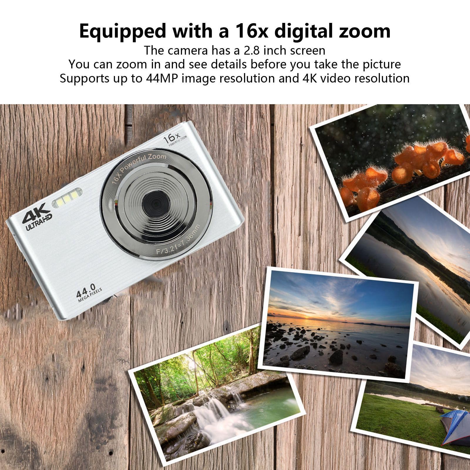 16X Digital Zoom Camera with 4K 44MP Resolution - 2.8in LCD Screen, Shockproof & Shake Proof Design - Perfect for Travel Photography, Outdoor Adventures, Vlogging and Kids Learning Photography