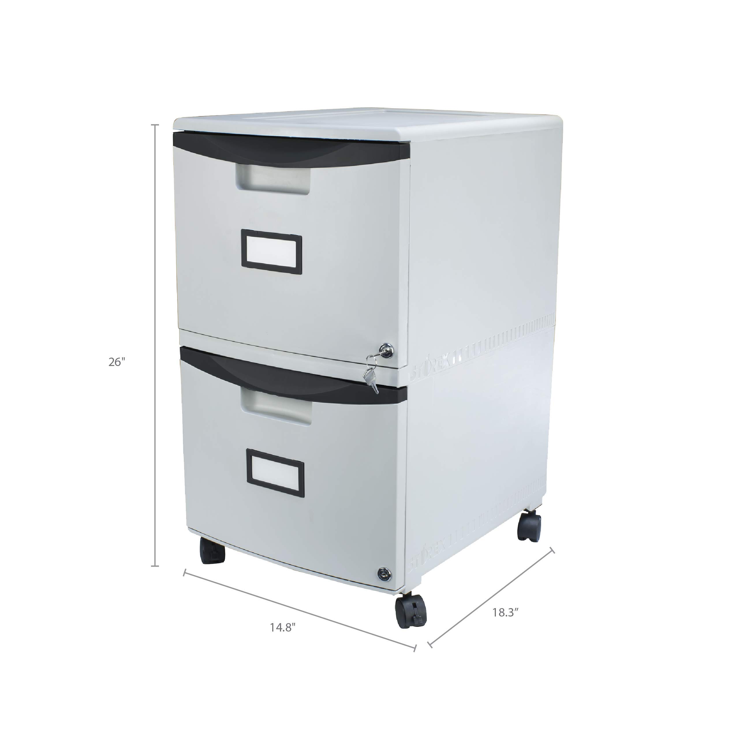 Storex Plastic 2-Drawer File Cabinet with Lock & Wheels - Gray Document Organizer for Home, Office, School (1-Pack) - Perfect for Storing Files, Folders & Office Supplies in Small Spaces