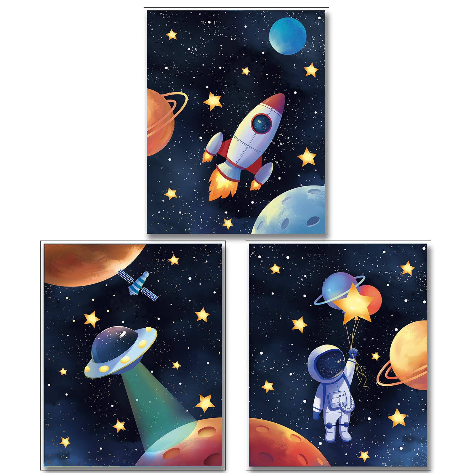 3-Piece Space Astronaut Canvas Wall Art Set - Solar System & Rocket Themed Posters for Boys' Room Decor | Perfect for Game Rooms, Bedrooms & Kids' Space-Themed Nursery