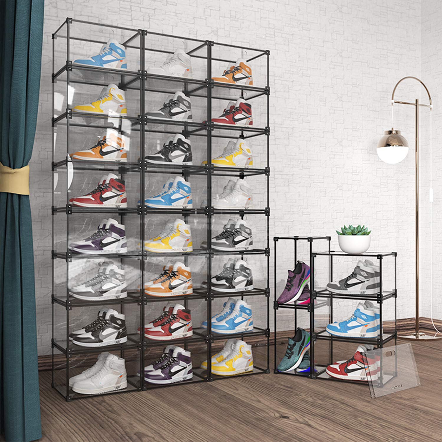 Clear Plastic Shoe Storage Box Organizer - 16-Piece Set with Magnetic Side Opening (Black) | Perfect for Closet Organization, Sneaker Display, and Home Storage Solutions