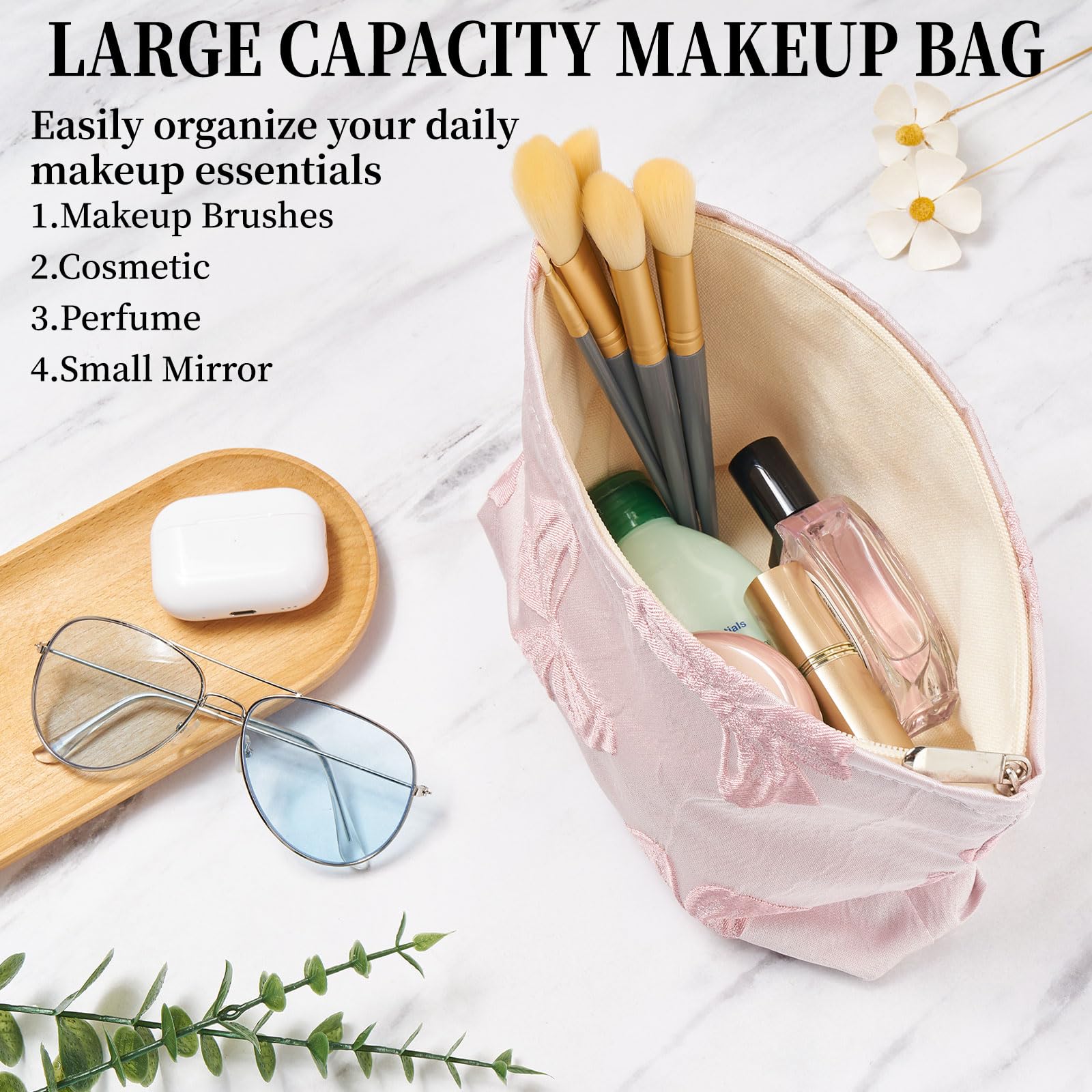WOZEAH Small Cosmetic Pouch - Stylish Zippered Makeup Bag for Purse, Travel Toiletry Organizer with Bow Design (Pink) - Perfect for Daily Makeup Storage & Travel Essentials
