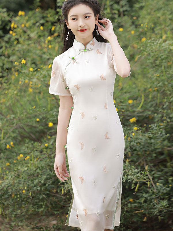 Elegant White Embroidered Butterfly Chinese Qipao Dress - Vintage Floral Cheongsam for Women's Special Occasions & Tea Parties