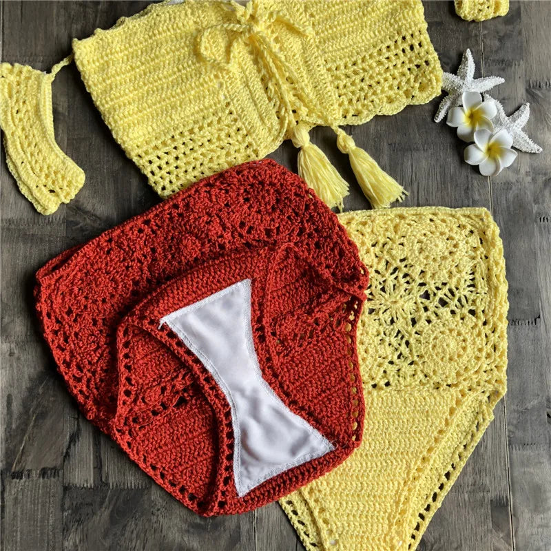 Crochet High Leg Bandeau Bikini Set - Women's Two Piece Swimwear High Waist Bikini Bathing Suit | Beach Vacation, Pool Party, Summer Fashion