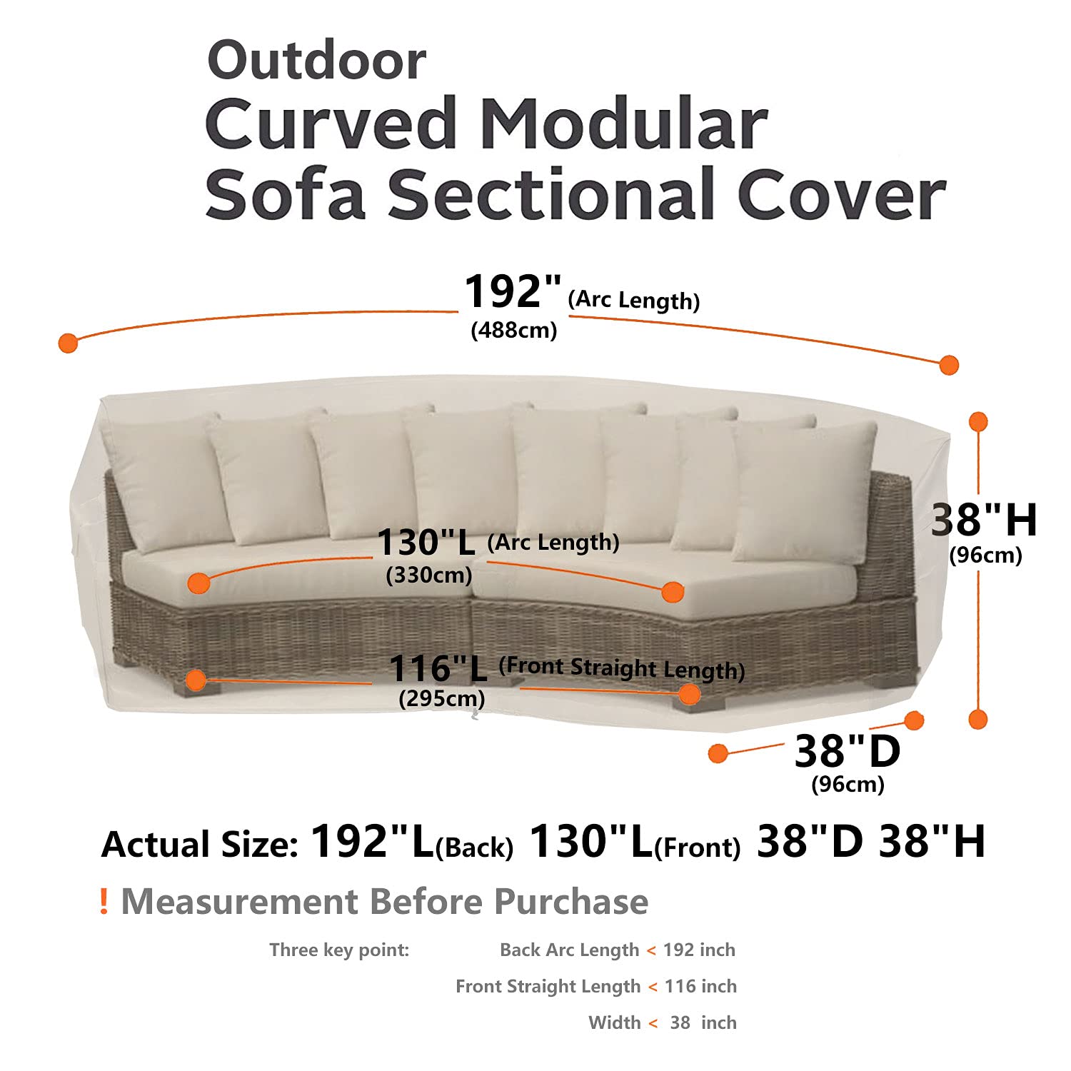 Waterproof 600D Half Moon Patio Sectional Sofa Cover - 190/128 Inch Outdoor Furniture Protector for Garden, Lawn & Winter Use | Heavy-Duty Reinforced Curved Couch Cover for Sectionals, Weatherproof Outdoor Furniture Protection