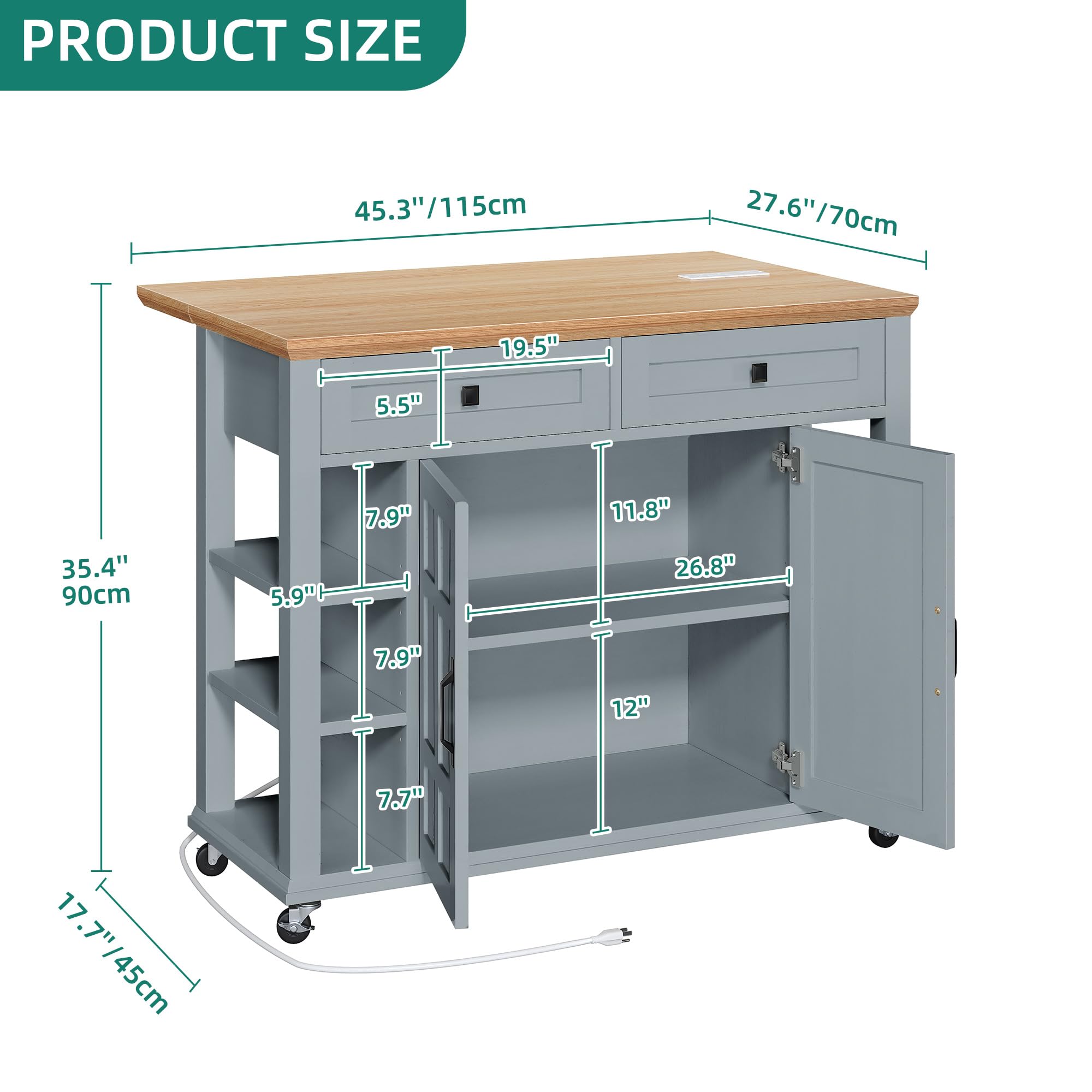 YITAHOME Kitchen Island with Drop Leaf & Power Outlet - Rolling Kitchen Cart on Wheels, Americana Style Cabinet with Open Shelves & Thick Rubberwood Top - Grey Blue for Small Kitchen, Dining Room & Apartment Cooking Space