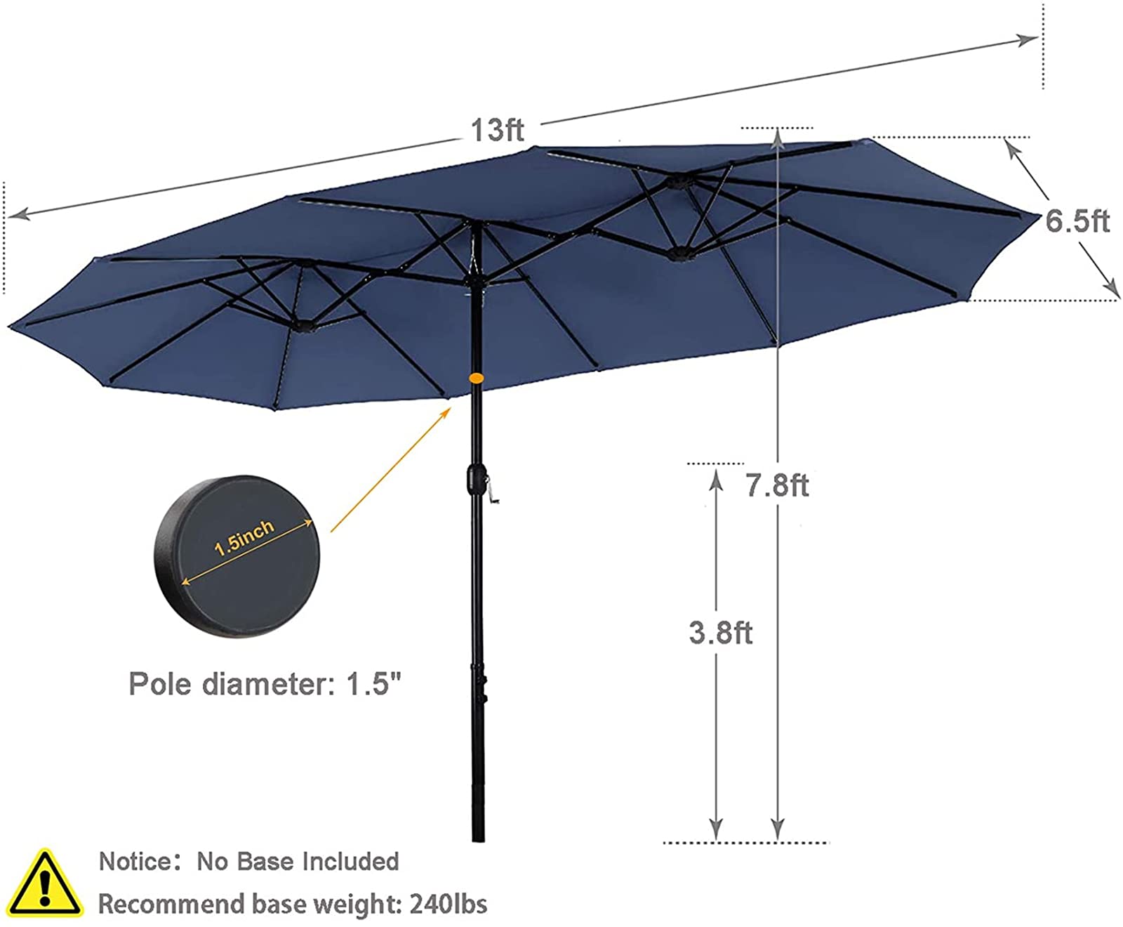 MFSTUDIO 8-Piece Outdoor Dining Set with 6 Steel Slat Chairs, Rectangular Metal Table & 13ft Double-Sided Umbrella (Navy Blue) - Perfect for Backyard BBQs, Poolside Gatherings & Garden Parties (Base Not Included)