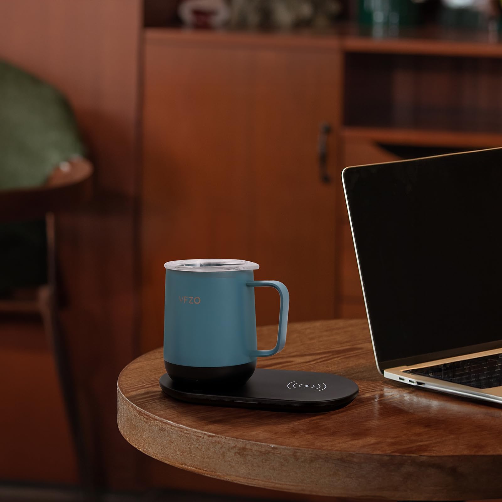 Smart Self-Heating Coffee Mug with Temperature Control & LED Display - 12oz Slate Blue, 180 Min Battery Life, Fast Wireless Charging Base (Keeps Coffee Hot up to 149℉) - Perfect for Office, Travel & Home Use