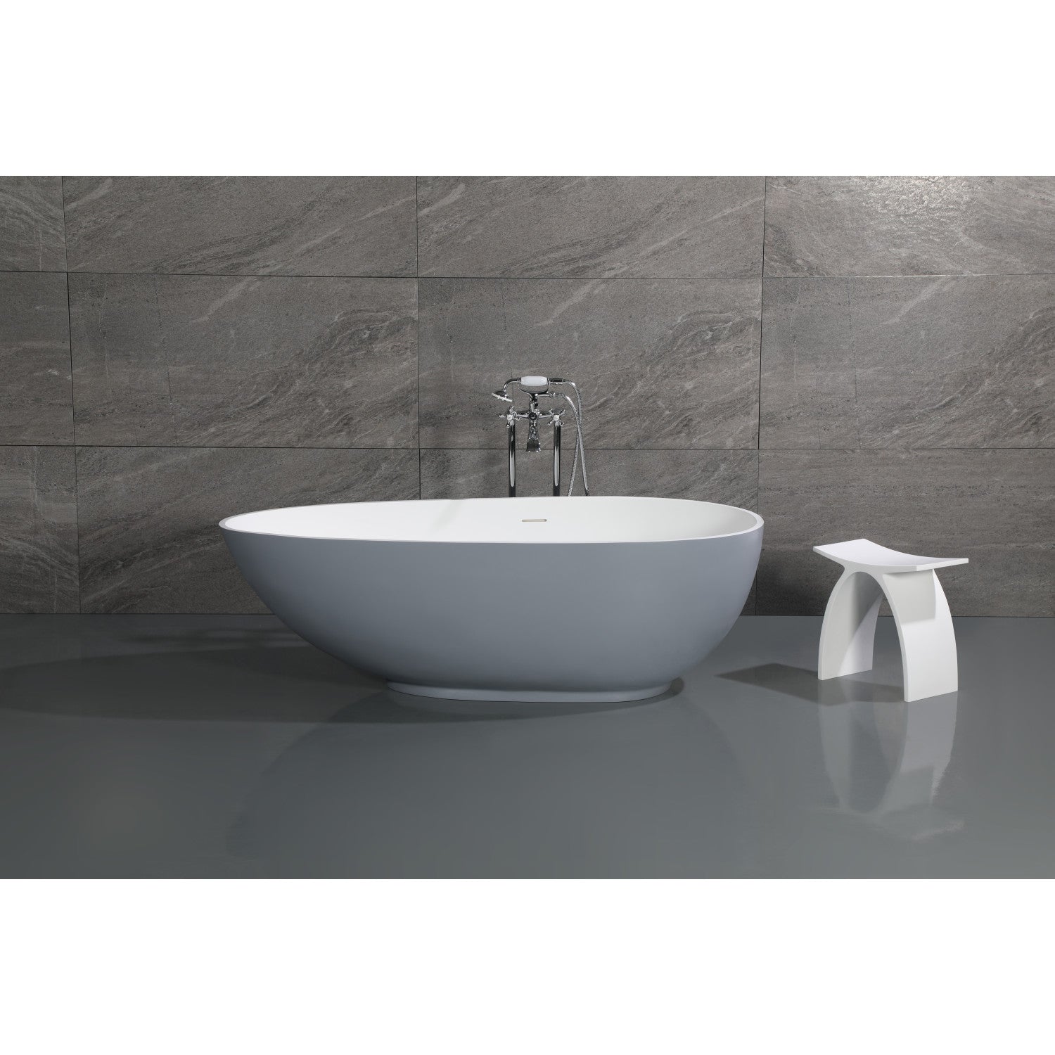 Arcticstone 67 Inch Freestanding Bathtub - Double Ended Egg Shaped Solid Surface Tub with Drain in Glossy White/Matte Gray | Modern Bathroom Luxury for Spa-Like Relaxation