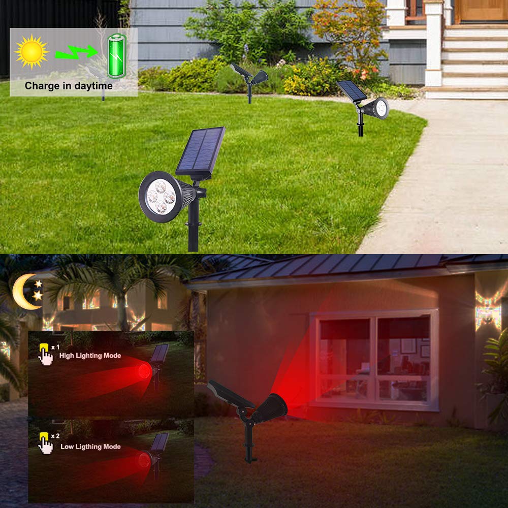 4-LED Solar Spotlight Outdoor Lights - IP67 Waterproof Solar Powered Landscape Lighting for Garden, Yard, Patio & Tree (2 Pack, Red) | Energy-Efficient Eco-Friendly Solar Lights for Pathway, Deck & Backyard Decoration