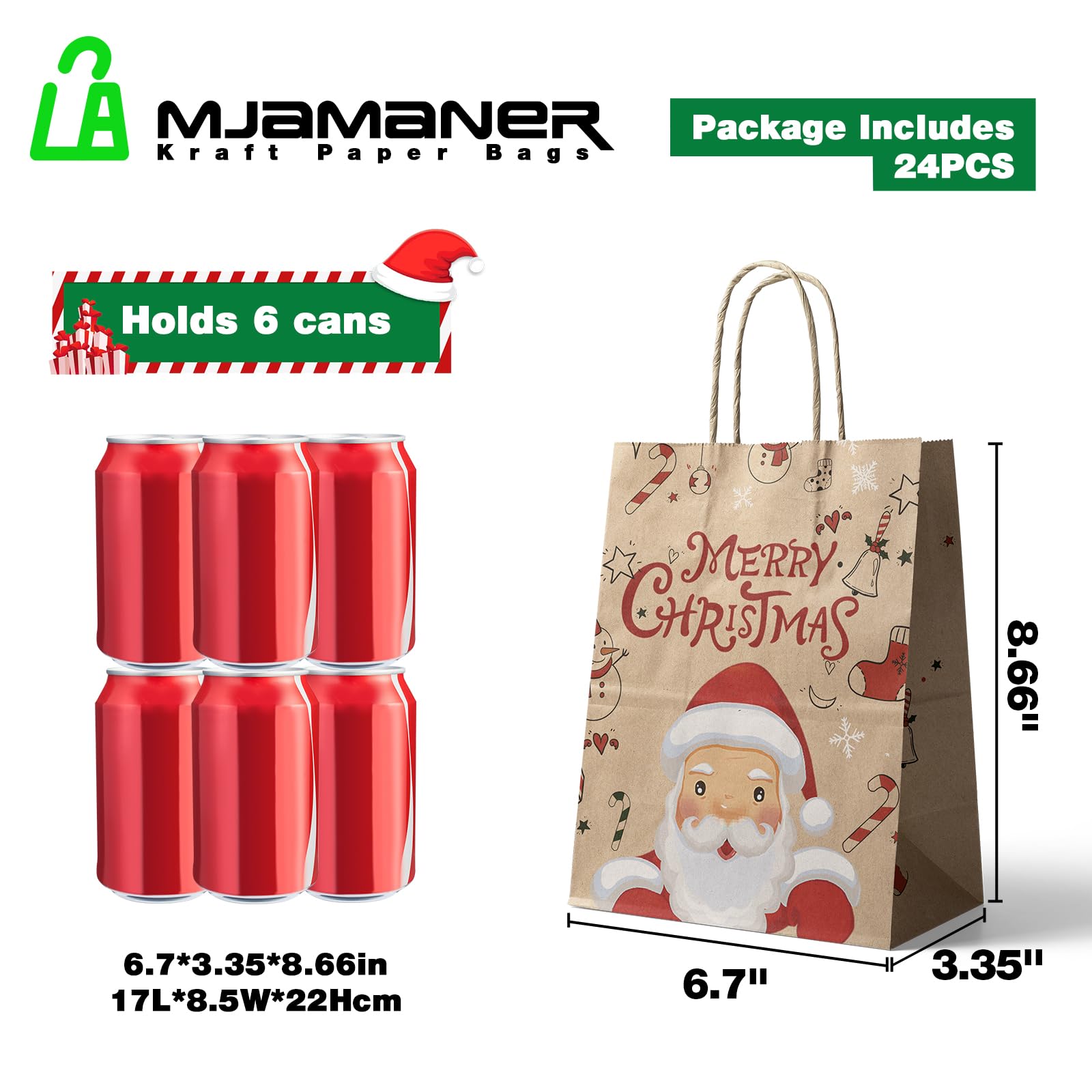 24Pcs Christmas Kraft Gift Bags with Handles - Bulk Holiday Paper Gift Bags for Party Favors, Presents & Decorations - 6 Festive Designs for Christmas, Xmas Parties & Gift Wrapping (Medium Size)
