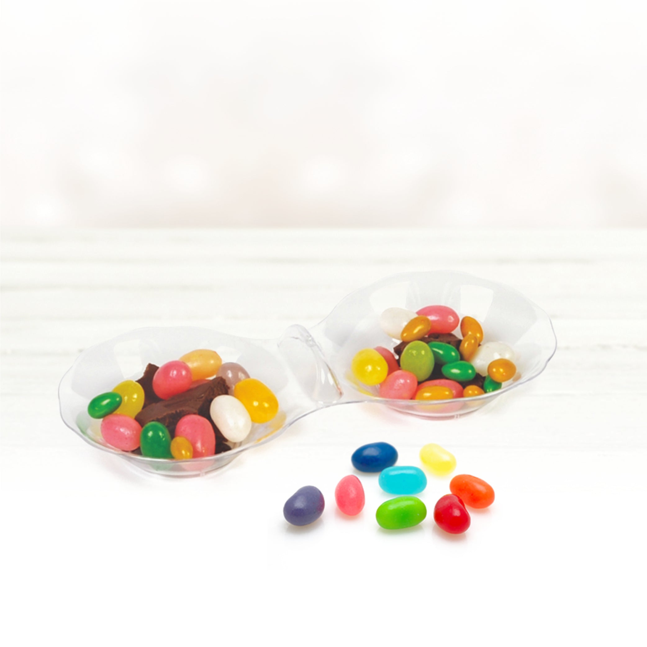 8-Pack Clear Plastic Mini Candy Dish - Two Section Serving Tray for Parties, Weddings & Office Snacks | BPA-Free Candy Bowl for Desserts, Nuts & Treats
