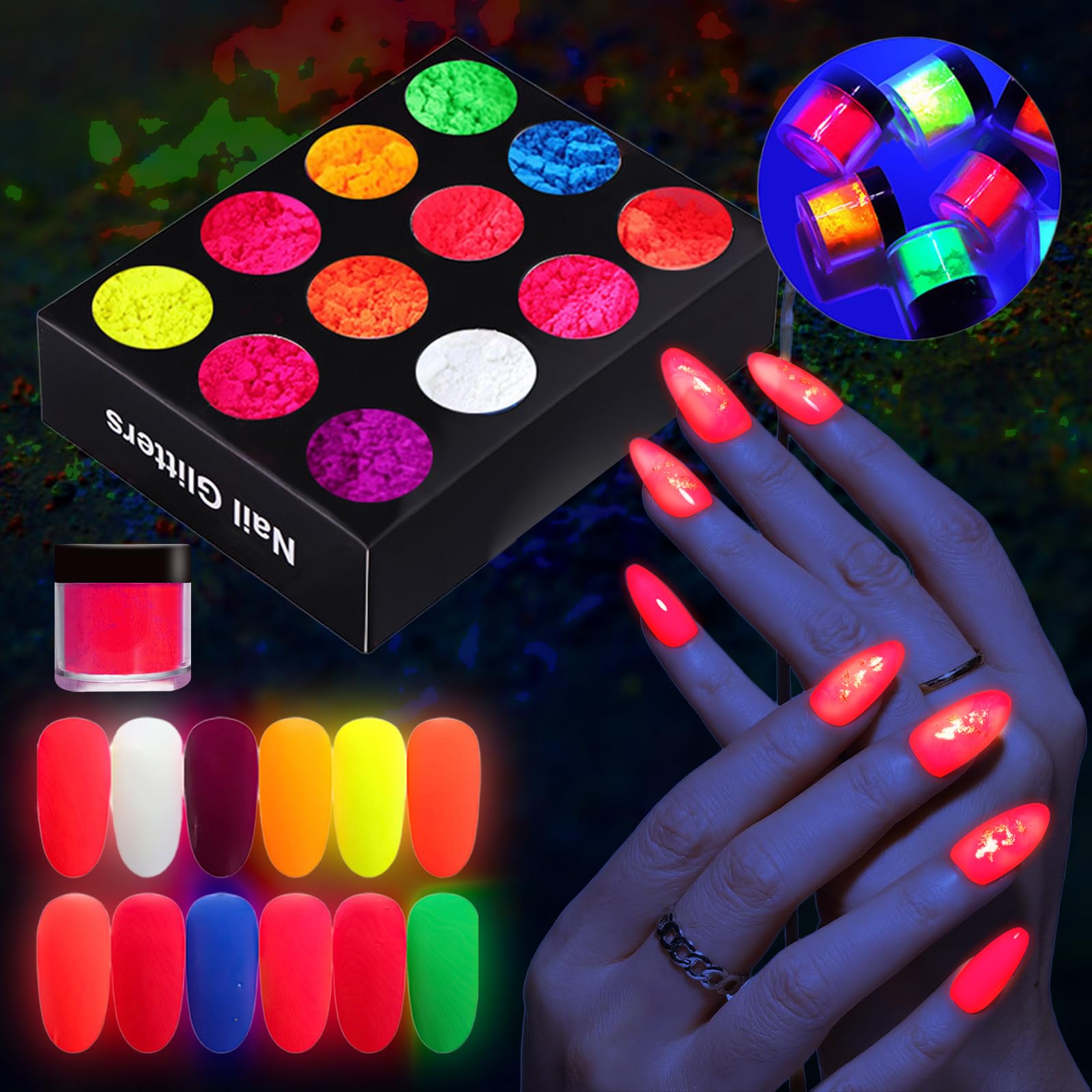 12Pcs Pigment Nail Art Powder Kit - Fluorescent Glitter Dip Powder for Chrome Nails, DIY Manicure Salon Set for Women | Perfect for Home Nail Art, Parties & Special Occasions