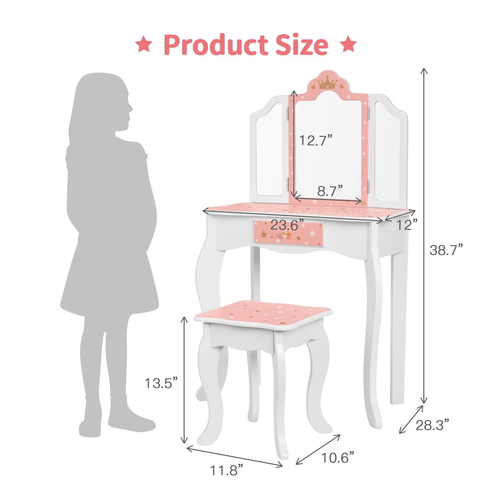 Kids Vanity Set with Mirror & Stool - Wooden Pretend Makeup Dressing Table for Girls, Perfect Gift for Little Princess | Playroom Decor, Birthday Present & Pretend Play Accessory