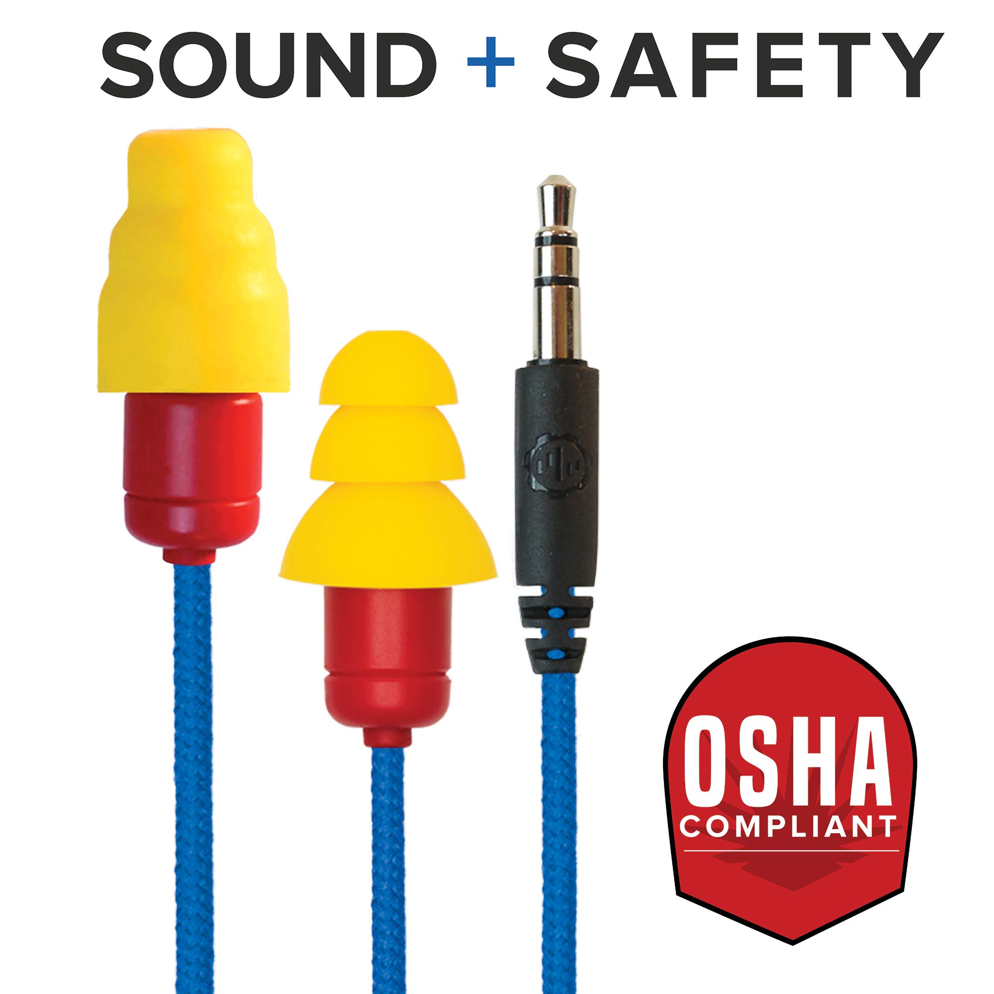 Plugfones Protector VL OSHA Compliant Noise Reduction Earplugs with High-Fidelity Audio - Blue & Yellow Safety Earbuds for Construction, Shooting Range & Industrial Work