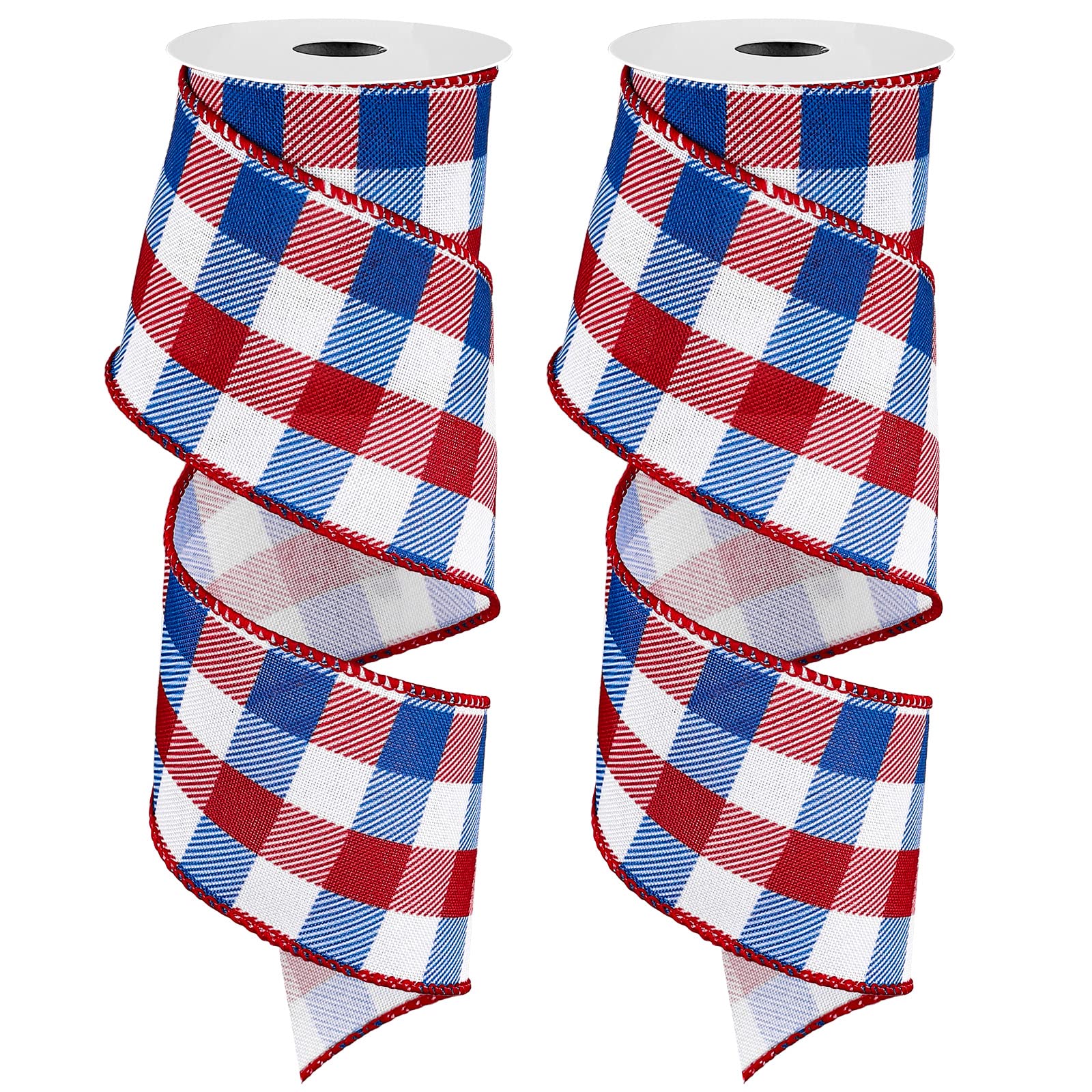 Whaline 2 Rolls Patriotic Buffalo Check Ribbon - 2.5 Inch Red & Blue Plaid Wired Edge Ribbon for 4th of July Decorations, DIY Gift Wrapping, Farmhouse Crafts (10 Yards per Roll) | Perfect for Independence Day Party Decor, Holiday Gift Bows, and Rustic Home DIY Projects