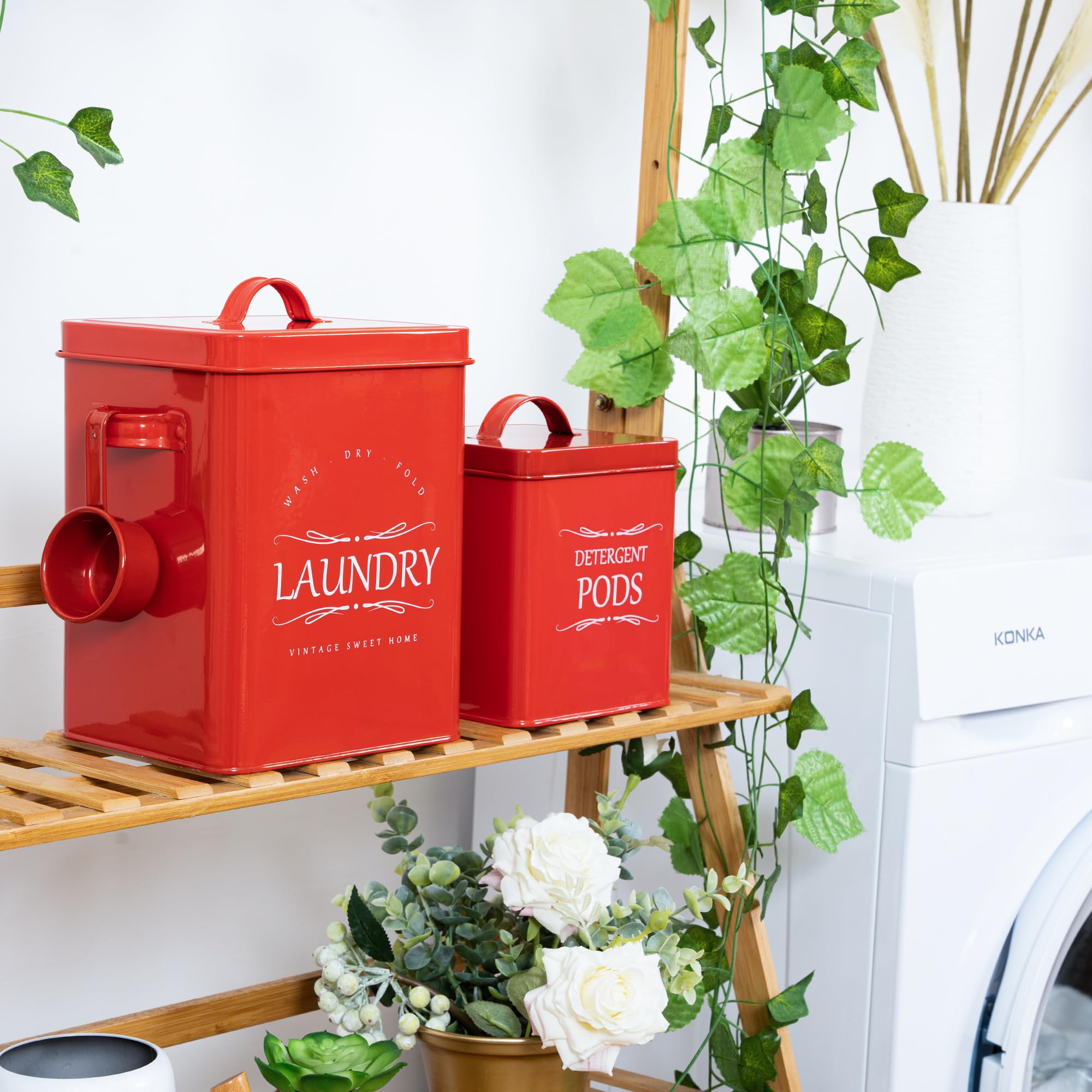 Meraki Home 2-Pack Laundry Detergent Storage Containers with Scoop - Organizer for Detergent Sheets & Pods - Glossy Red Laundry Room Organization Set - Perfect for Small Spaces & Apartment Living