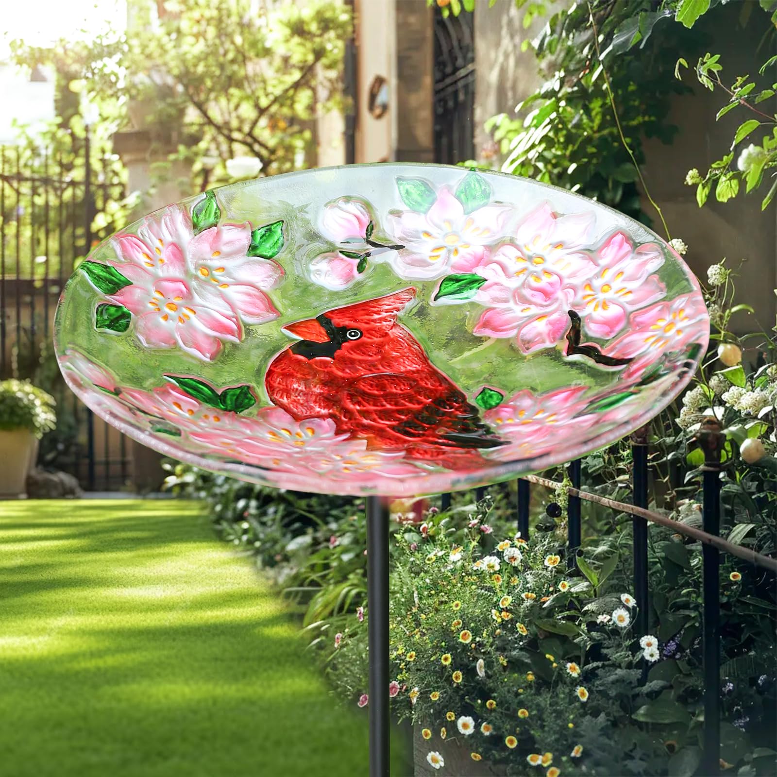 Glass Bird Bath for Outdoors - Cardinal & Flower Design Outdoor Birdbath with Stake - Garden, Patio & Lawn Decoration | Attract Birds to Your Backyard