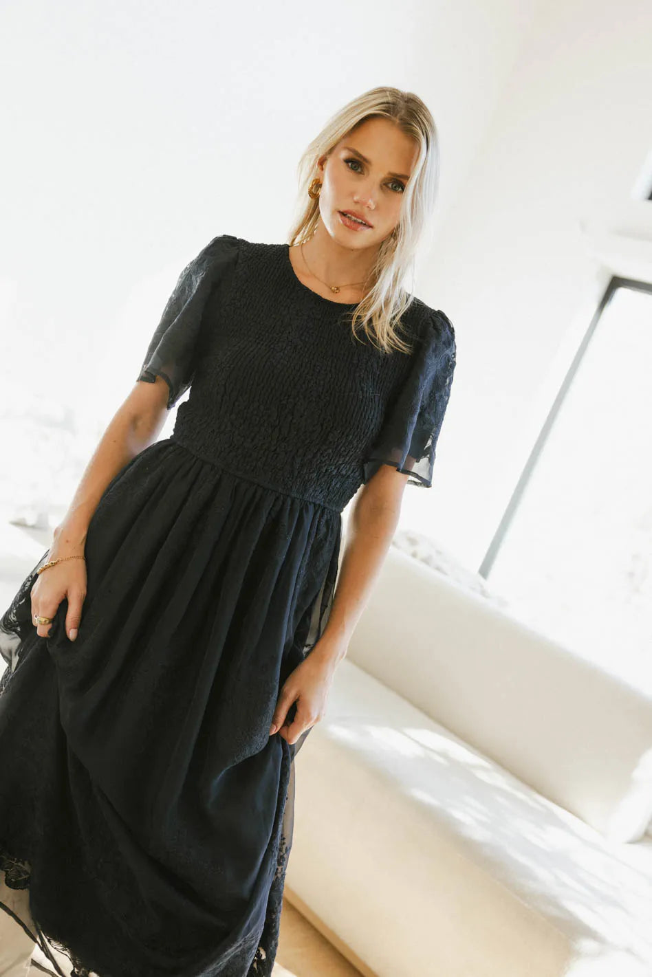Alora Navy Blue Embroidered Floral Dress for Women - Elegant Summer Casual & Party Wear - Perfect for Weddings, Dates, and Special Occasions