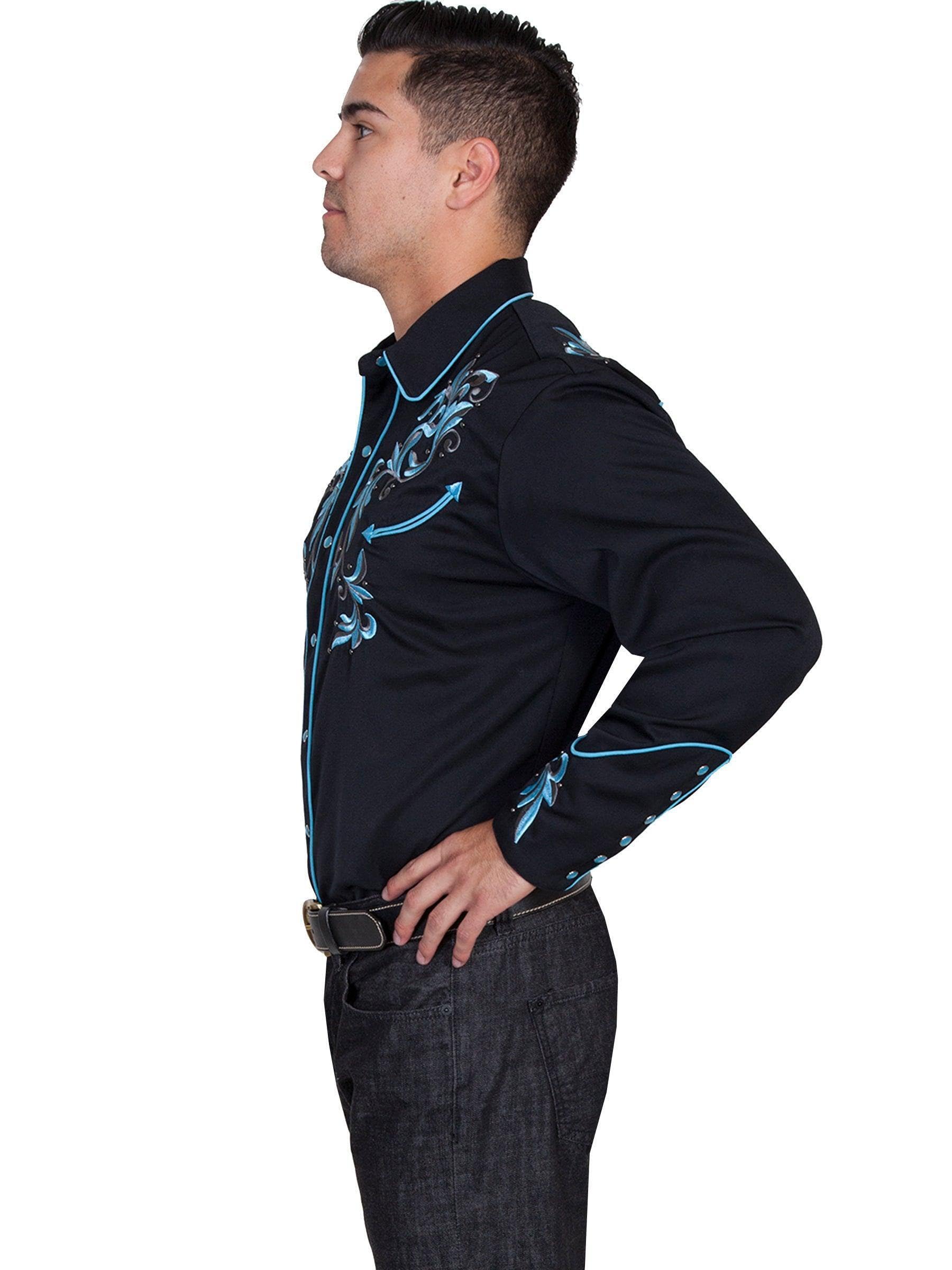 Stylish Scully Black Embroidered Men's Long Sleeve Snap Front Western Shirt P-844 | Perfect for Cowboy Rodeo, Country Music Festivals & Casual Wear