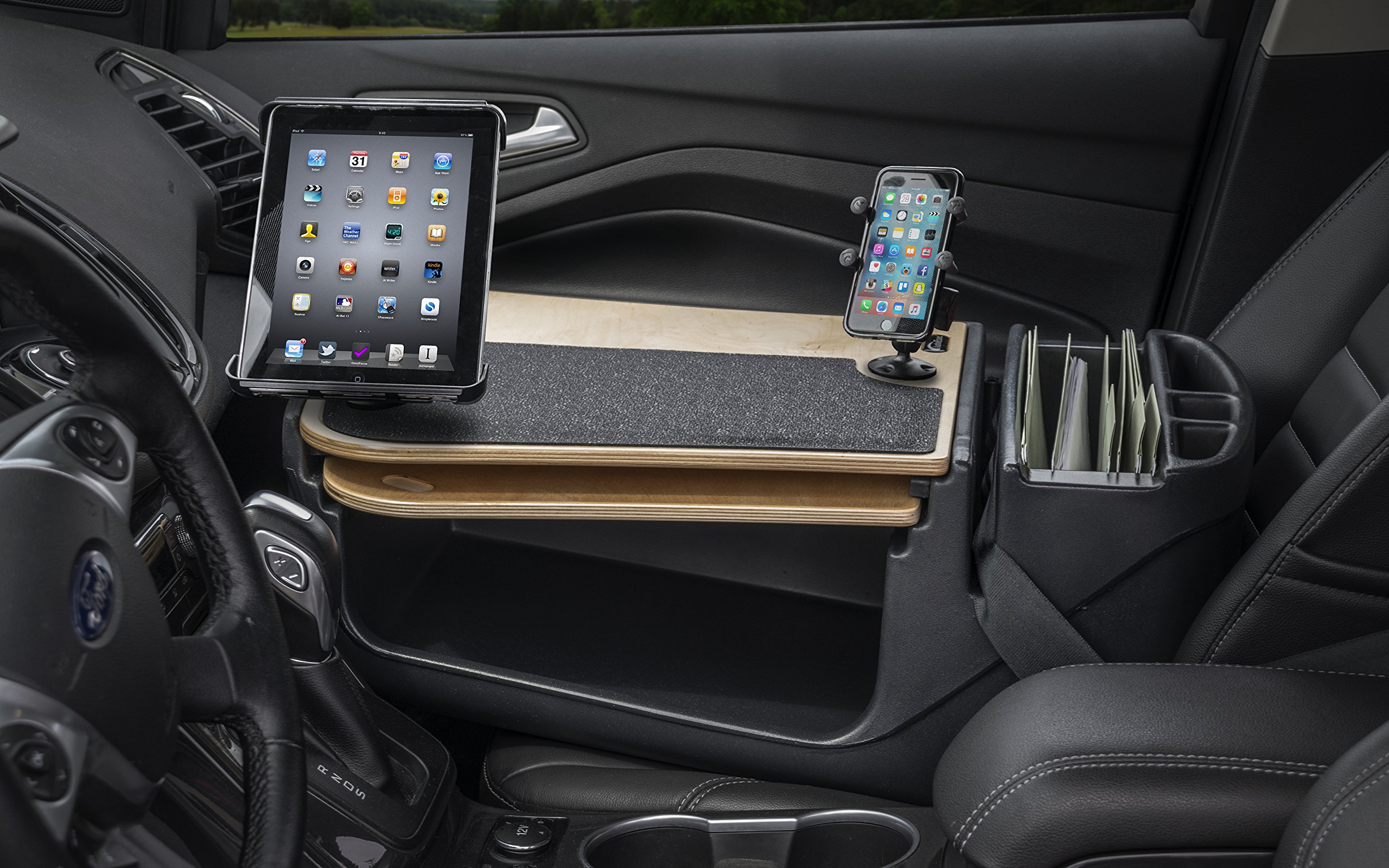 AutoExec AUE18002 GripMaster Car Desk - Adjustable Birch Wood Laptop Tray with Phone & Tablet Holder for Work, Study, and Road Trips