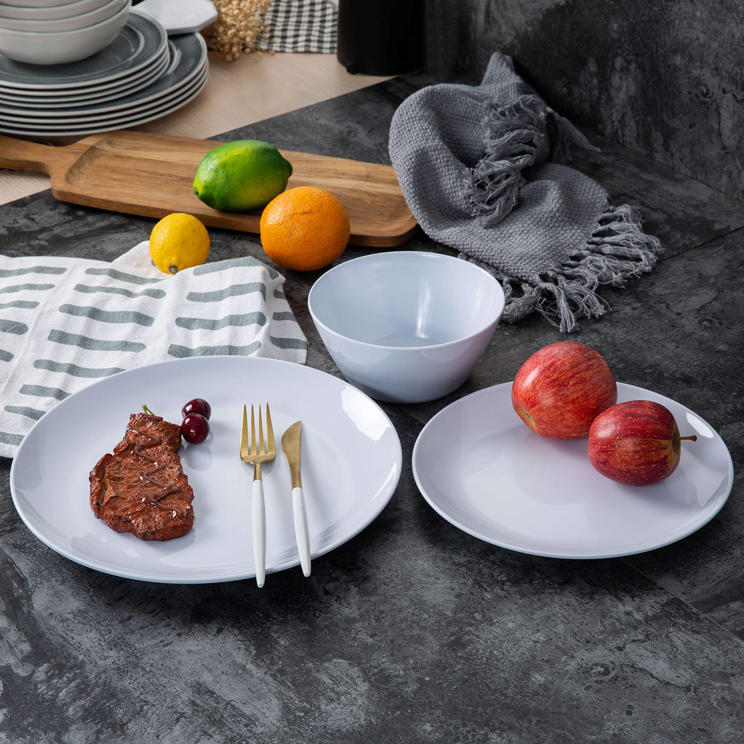 Premium 12-Piece Melamine Dinnerware Set - 4-Person Plates & Bowls for Indoor/Outdoor Dining | Dishwasher Safe, Lightweight & Durable White Tableware | Perfect for Picnics, Camping & Everyday Use