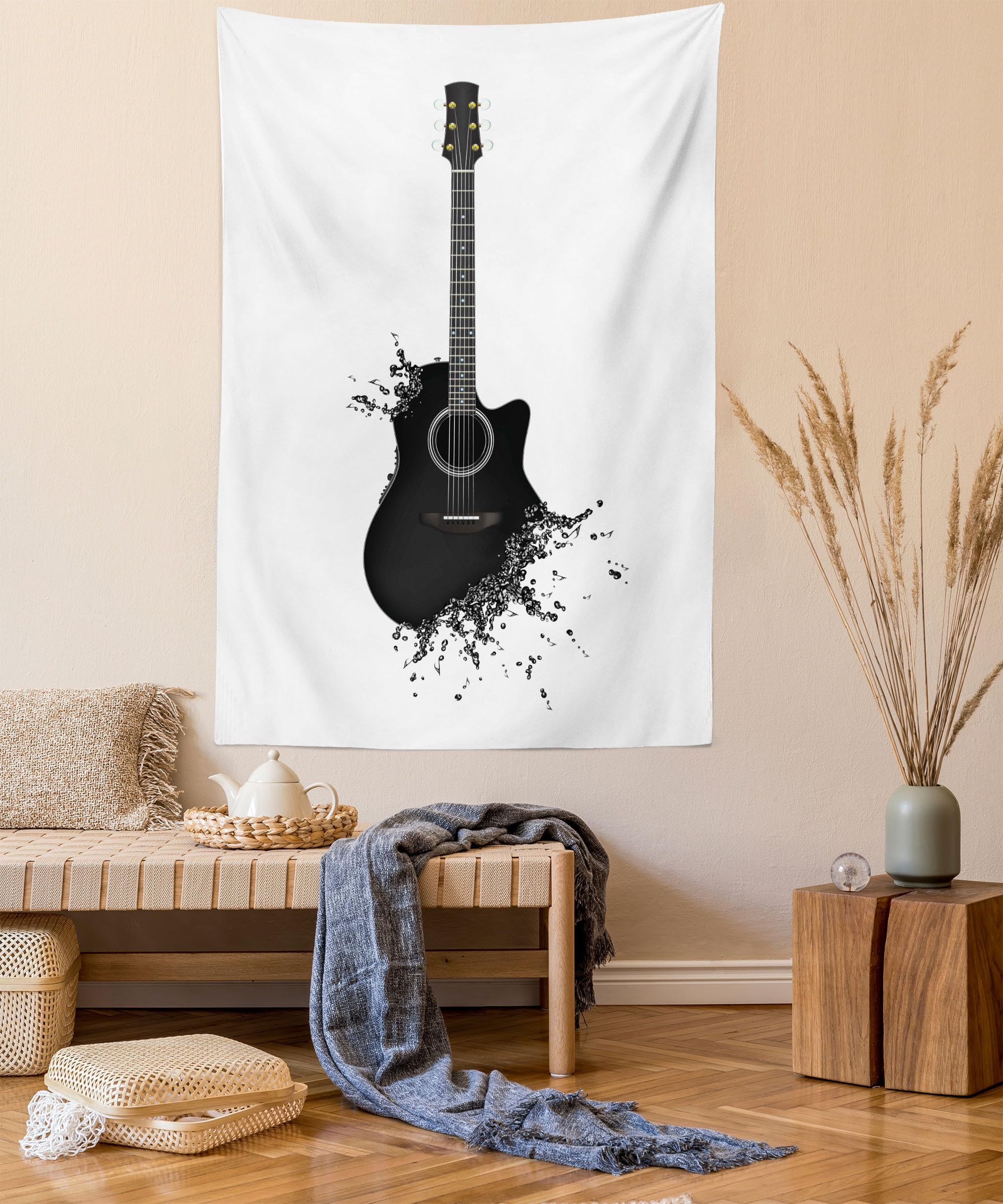 Ambesonne Guitar Wall Tapestry - 40x60 Inch Black & White Acoustic Instrument Art with String Details | Modern Music Themed Decor for Bedroom, Living Room, Dorm | Perfect for Musicians' Rooms, Studio Backdrops & Concert Theme Parties