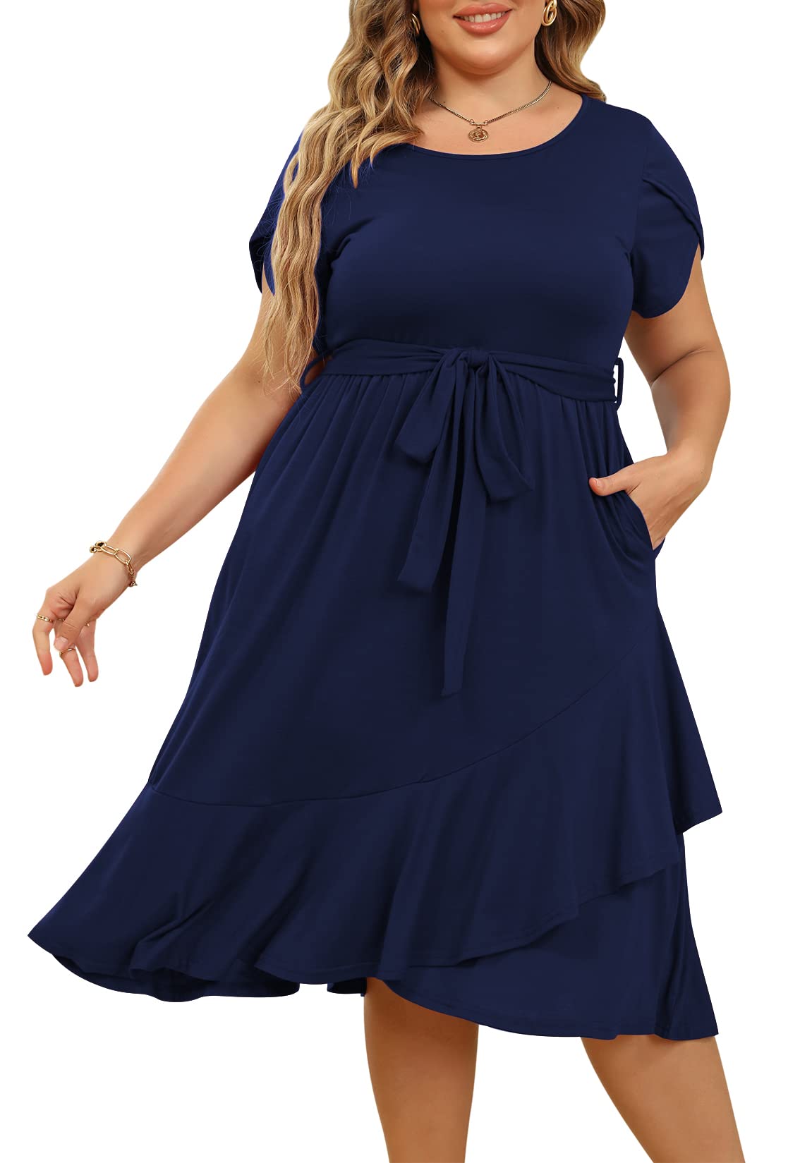 Plus Size Women's Spring Cocktail Dress - Empire Waist Midi Dress with Pockets & Short Sleeves | Holiday Party, Wedding Guest, Easter & Mother's Day Outfit