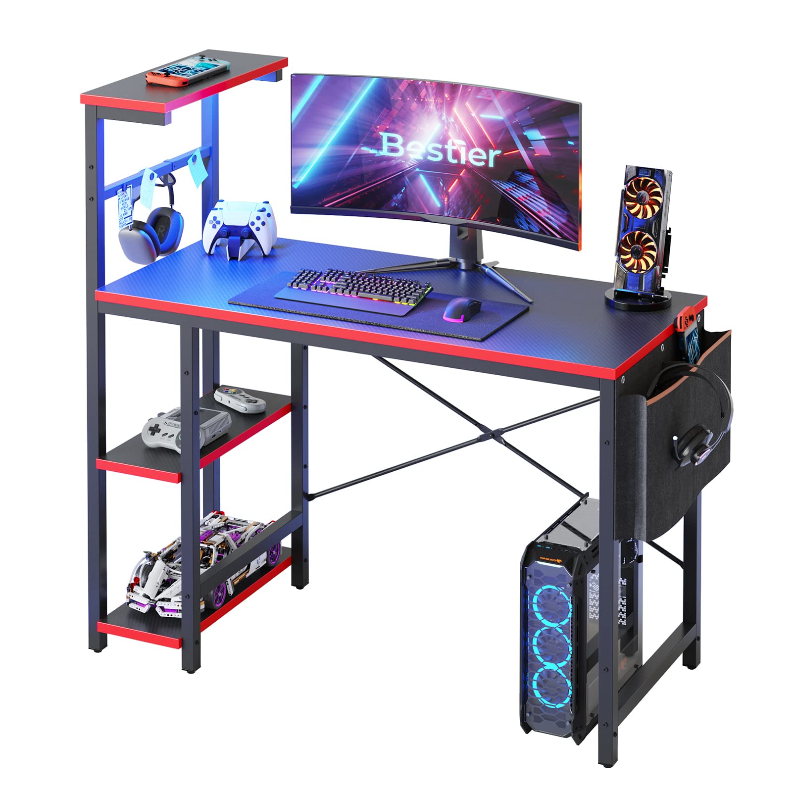 Bestier 44 Inch Gaming Desk with LED Lights - Compact PC Gamer Desk for Small Spaces, Computer Desk with Reversible Storage Shelves & Side Storage Bag (Black 3D Carbon Fiber) - Perfect for Esports, Streaming & Home Office Setup