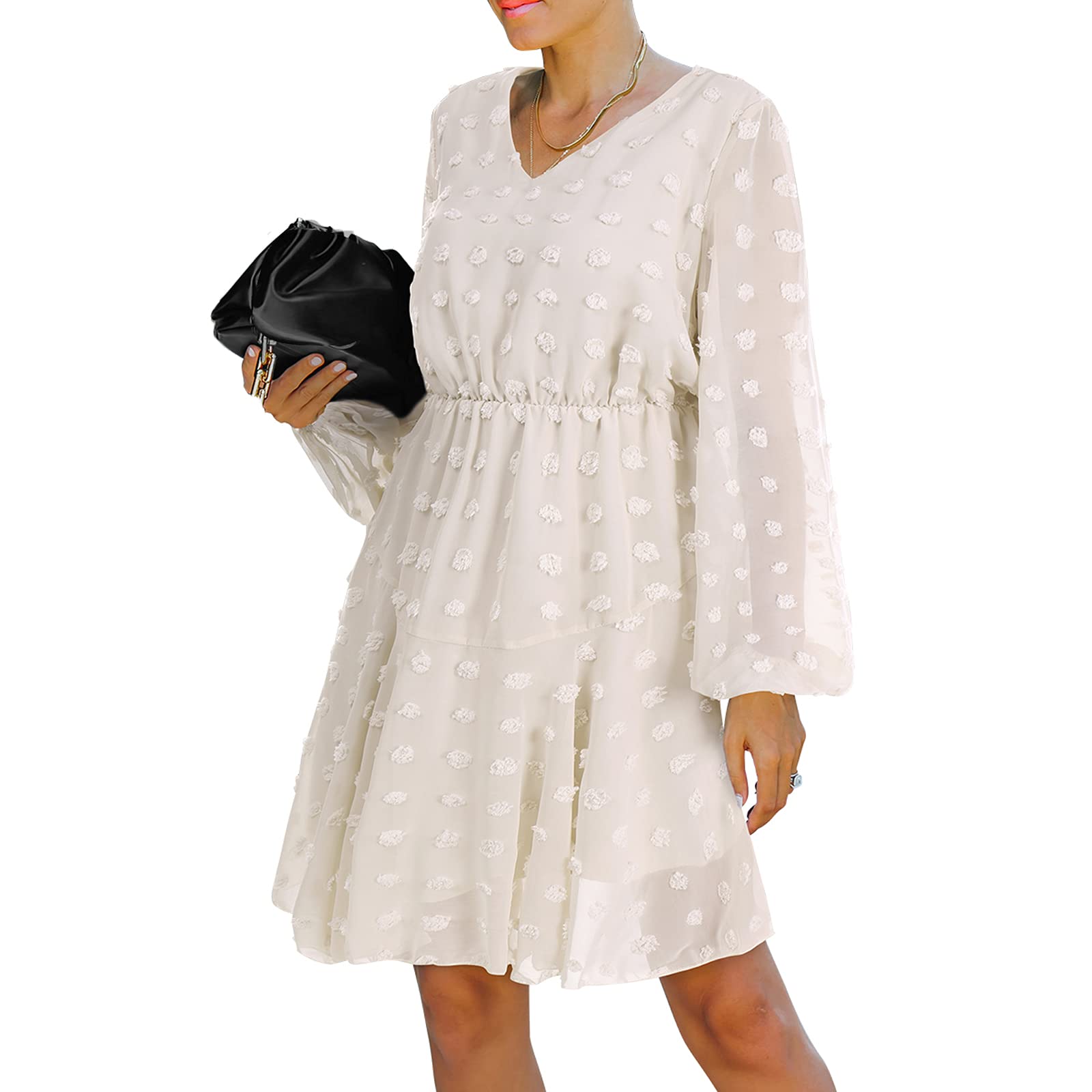 Women's Vintage Swiss Dot Babydoll Dress - Long Sleeve Mini Dress with Loose Fit for Casual Wear, Summer Outfits & Date Nights