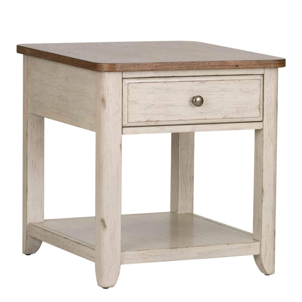 Farmhouse Style End Table with Storage Basket - White Distressed Finish - 24