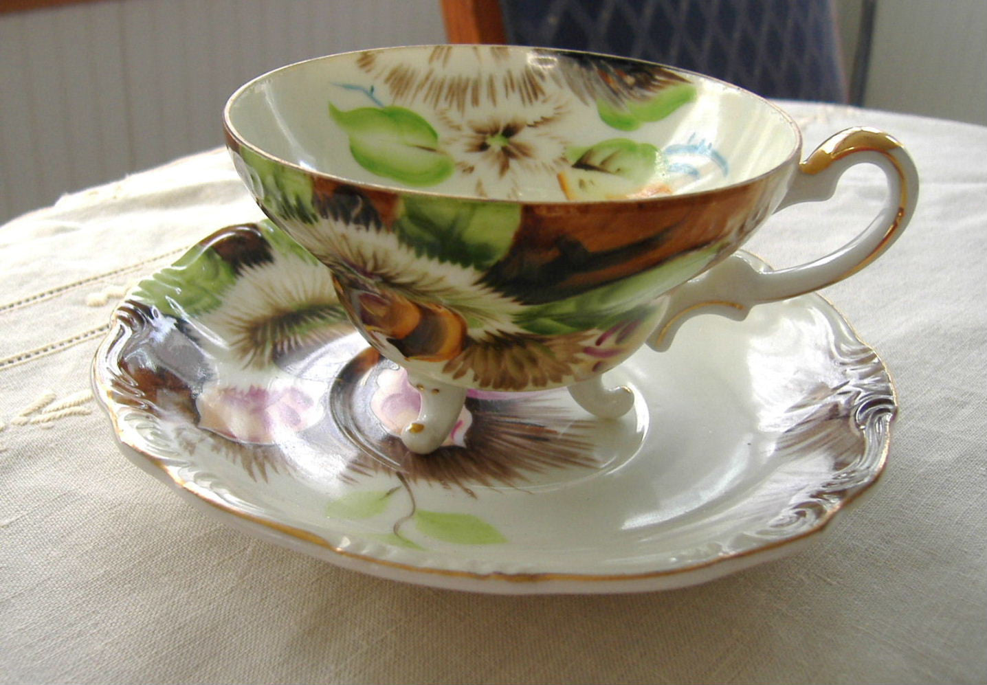 Vintage Japanese Hand-Painted Chestnut Cup and Saucer Set with Three Feet - 1920s-1930s Antique Tea Set for Collectors & Afternoon Tea Parties