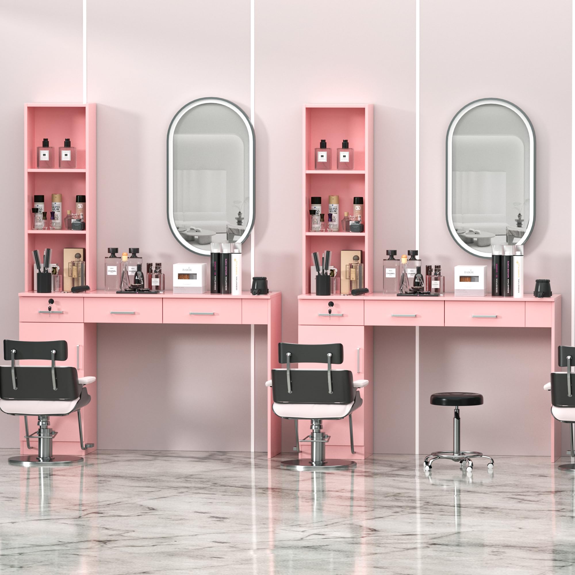 Professional Barber Salon Work Station - Hair Stylist Organizer Cabinet with Storage for Home & Beauty Salon Equipment | Durable Barbershop Furniture in Pink | Perfect for Small Spaces & Mobile Stylists
