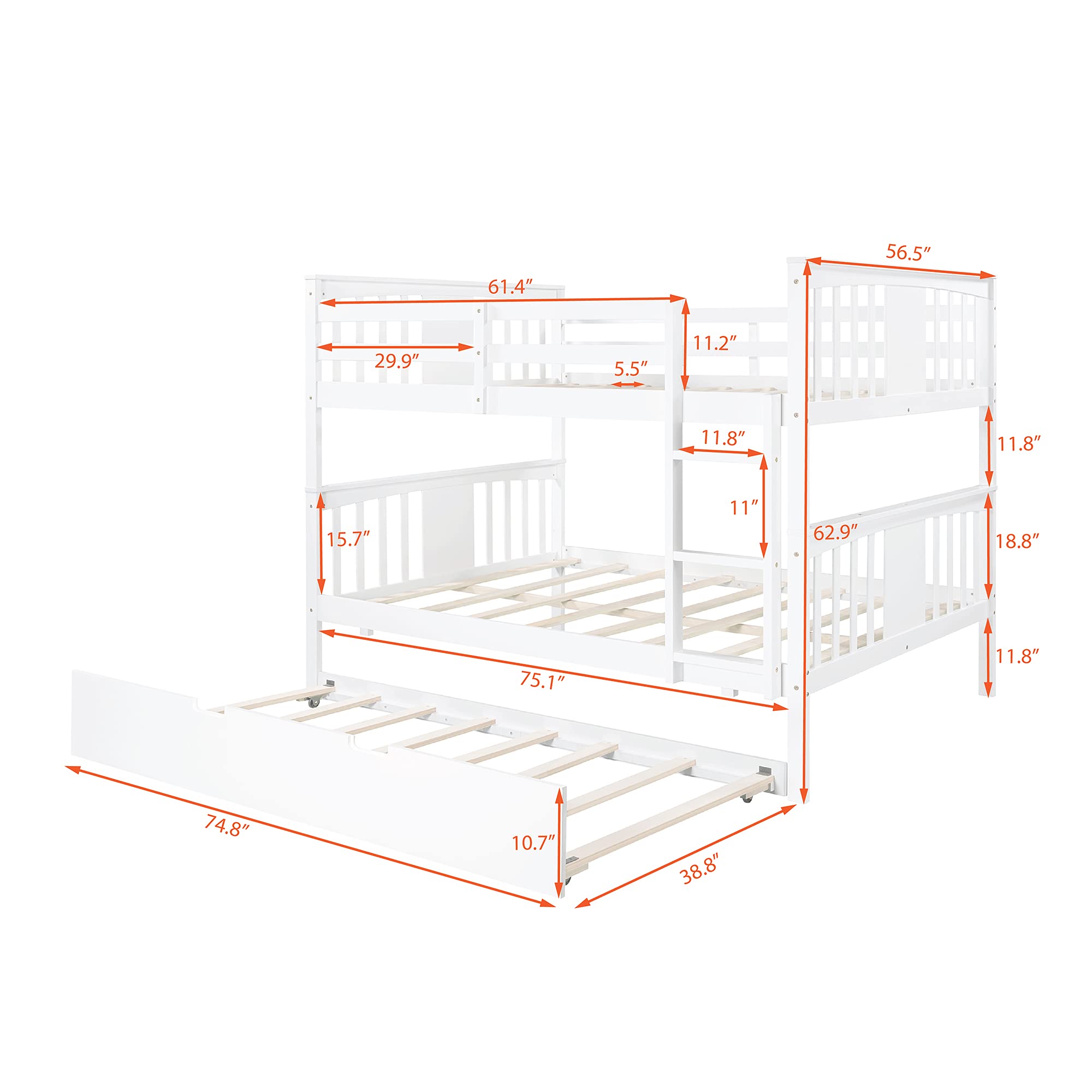 P PURLOVE Full Over Full Bunk Bed with Trundle - Solid Wood Bunk Bed Frame for Kids & Teens, No Box Spring Needed - Perfect for Small Bedrooms, Guest Rooms & Vacation Homes