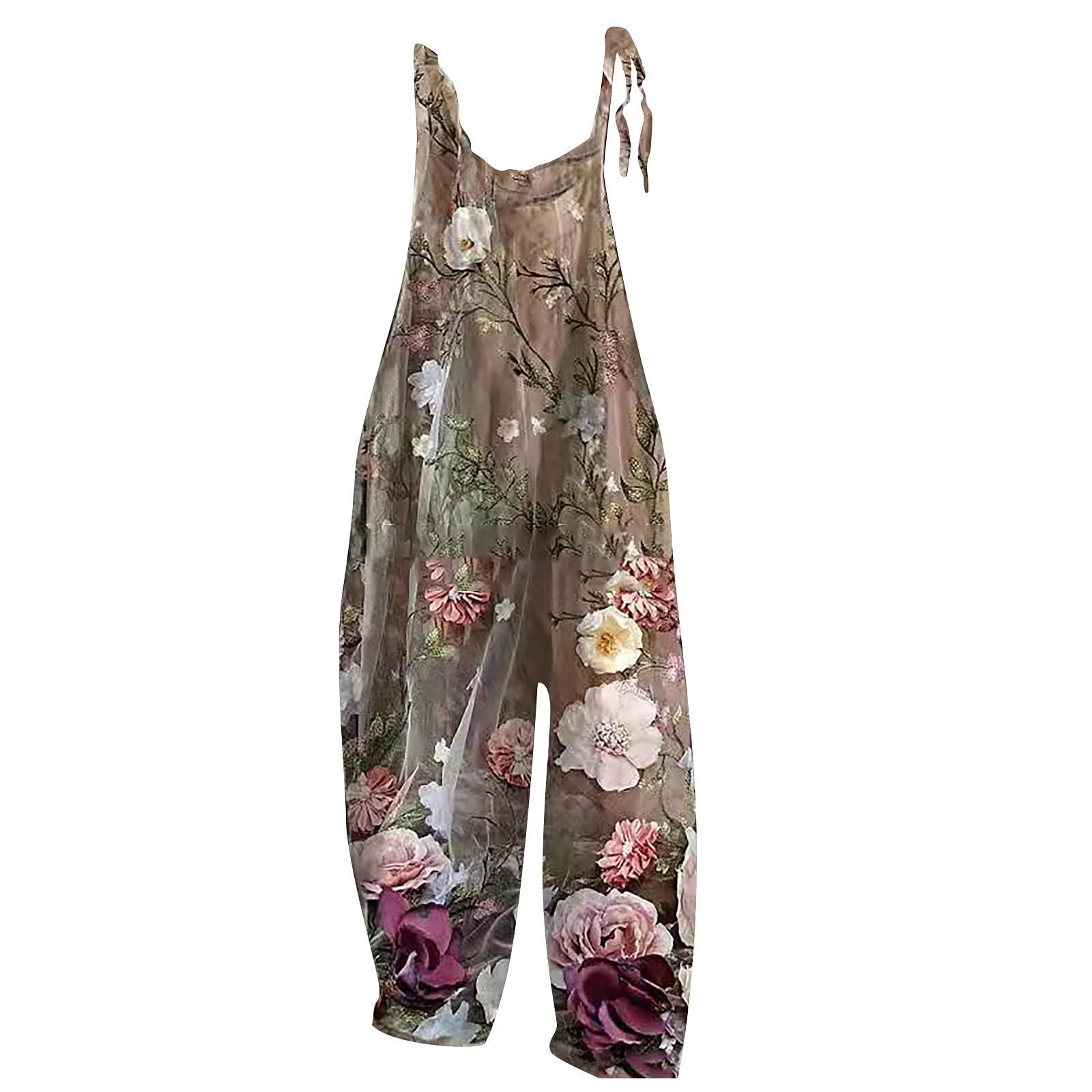 Women's Floral Cotton Jumpsuit - Sleeveless Spaghetti Strap Tie Front Romper with Baggy Fit | Casual Summer Outfit for Beach, Party & Everyday Wear