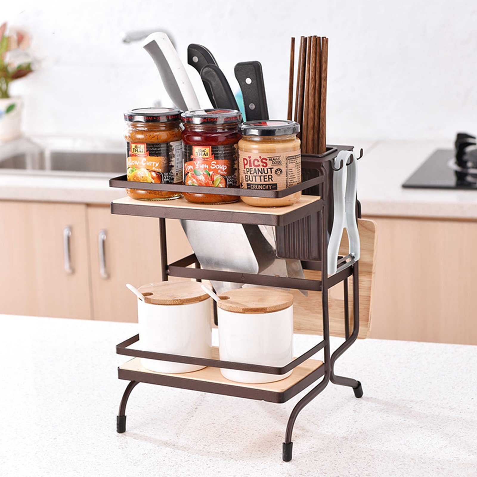 2-Tier Multi-Purpose Dish Rack & Spice Organizer with 6 Hooks - Countertop Standing Storage Shelf for Kitchen, Bathroom, Pantry - Perfect for Drying Dishes, Organizing Spices & Maximizing Small Spaces
