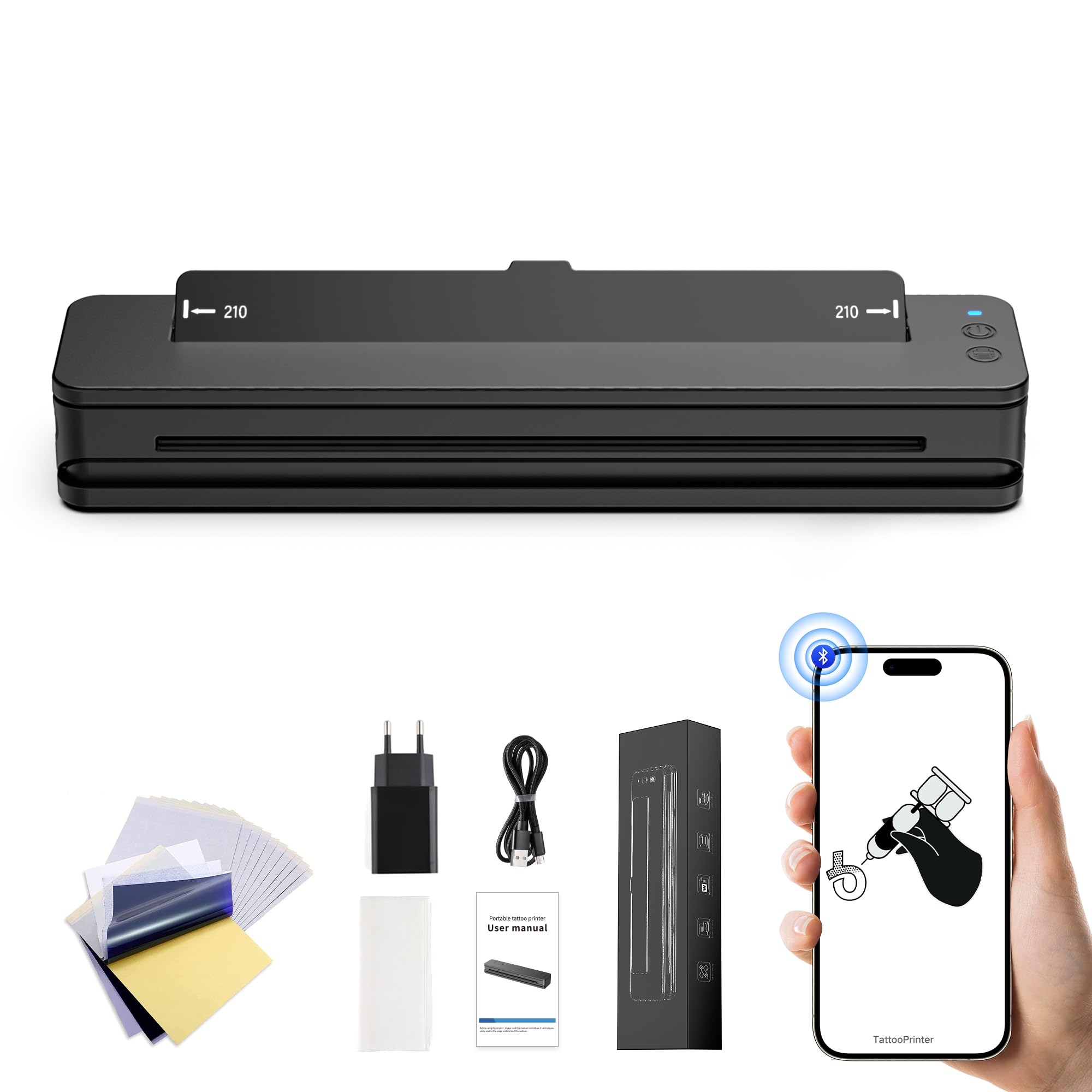 RHEIN Wireless Tattoo Stencil Printer - Thermal Printer for Tattoo Artists & Beginners, 2500mAh Battery, Includes 10pcs Transfer Paper & 10pcs Cleaning Fabrics, Compatible with Smartphone & PC (T106Z-US) - Perfect for Home Studios & Professional Tattoo Shops