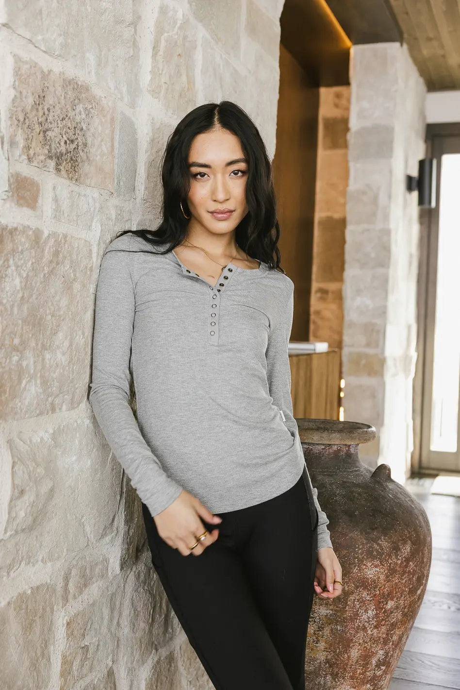 Ivanna Henley Grey Women's Top - Soft Cotton Casual Shirt for Everyday Wear | Perfect for Work, Outings & Layering | FINAL SALE