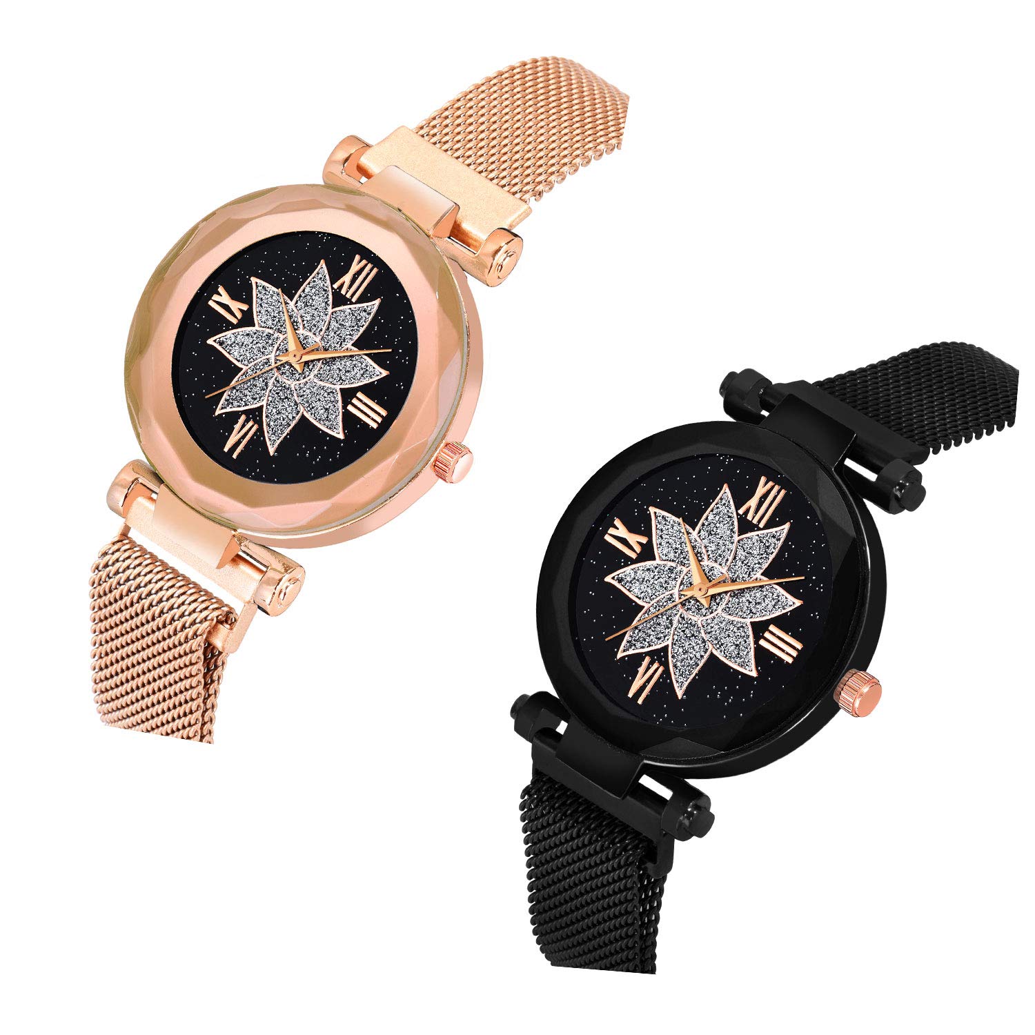 Shunya Women's Analog Watch - Black Round Flower Dial with Rose Gold Magnet Strap, Pack of 2 | Elegant Fashion Accessory for Office, Date Night & Special Occasions