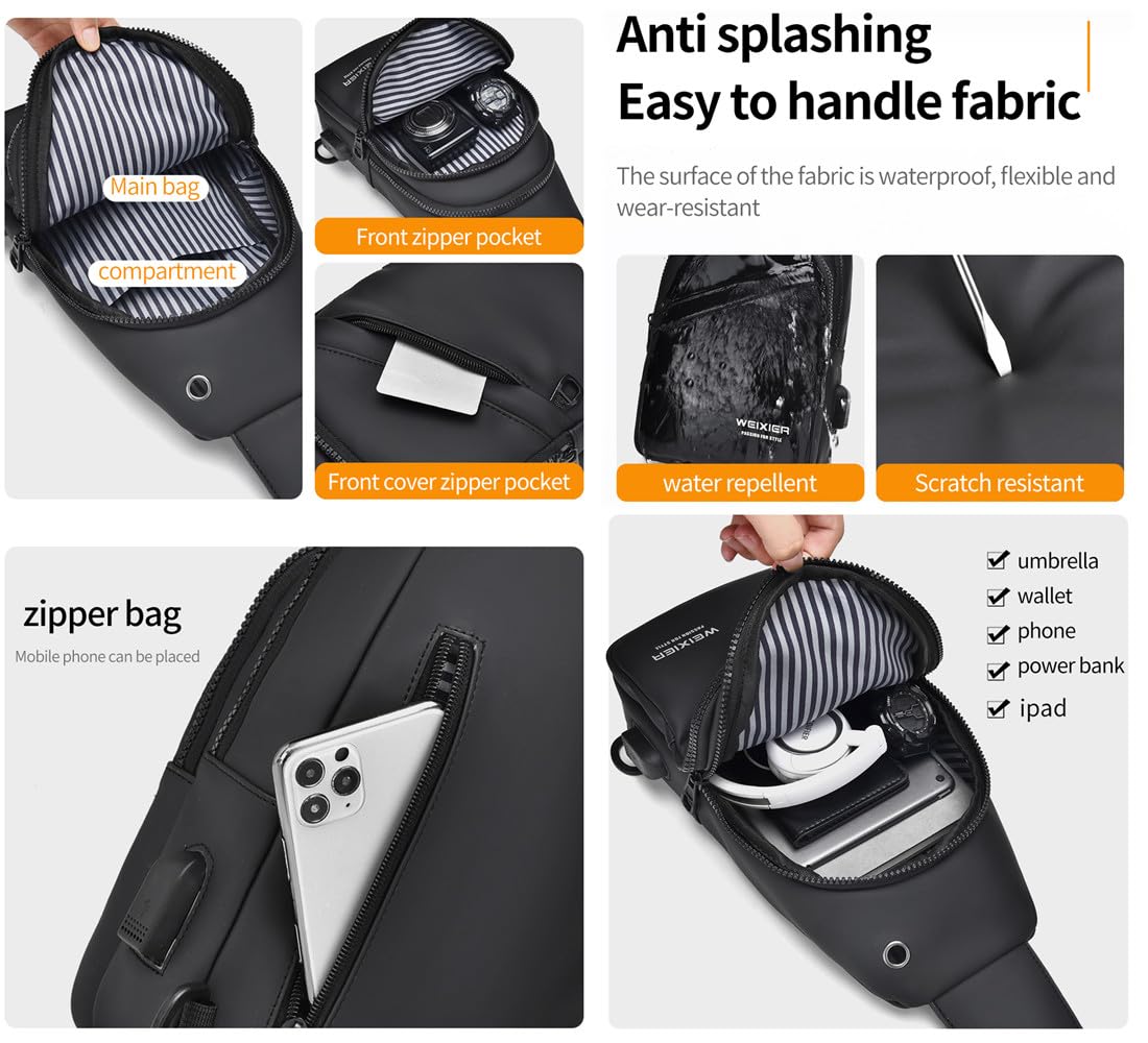 Waterproof Sling Bag for Men with USB Charging Port & Headphone Hole - Lightweight Crossbody Shoulder Backpack for Outdoor, Travel, Hiking & Daily Use
