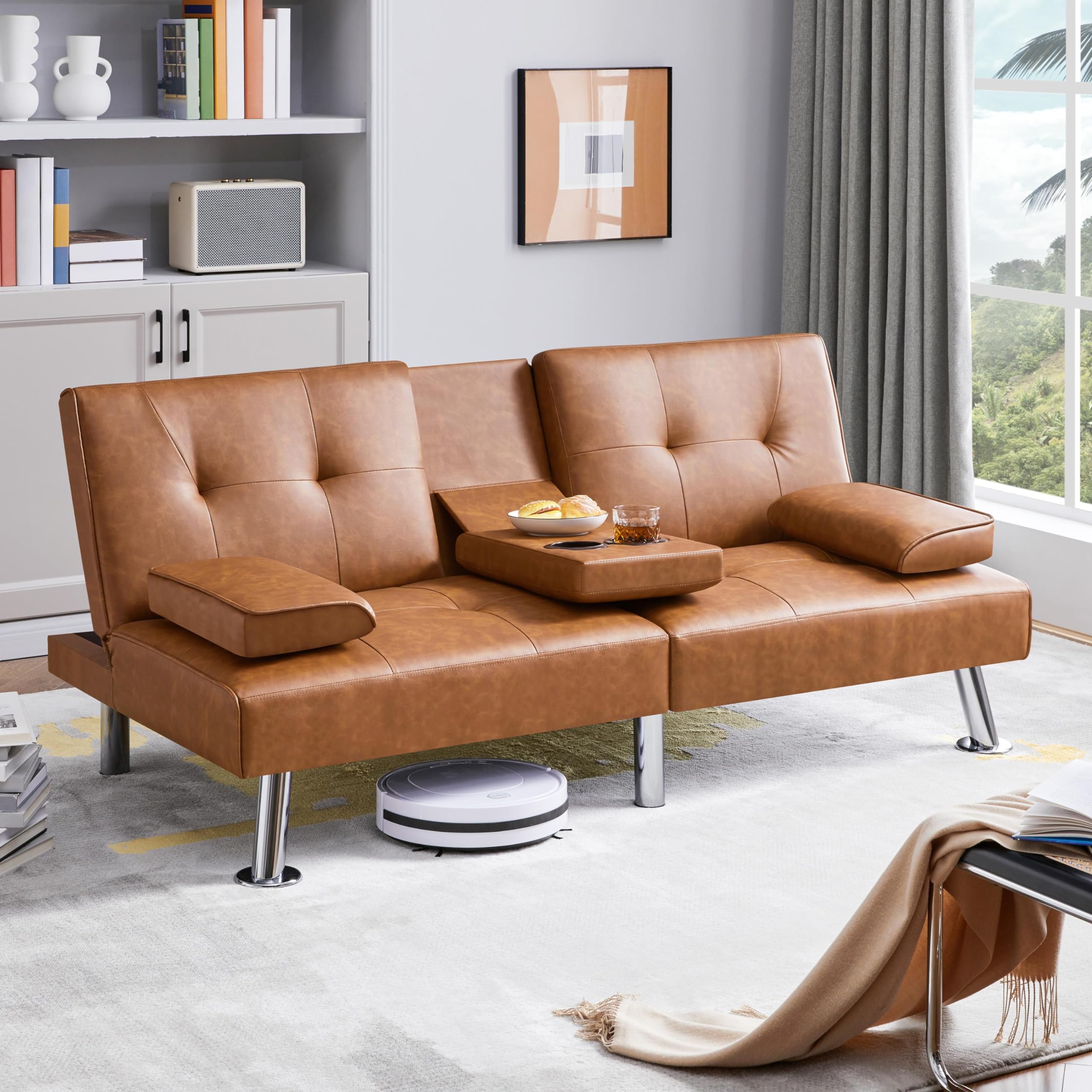 Yaheetech Convertible Sofa Bed - Adjustable Faux Leather Recliner Loveseat with Removable Armrests & Cup Holders, 3-Position Reclining, 772lb Weight Capacity, Brown - Perfect for Small Spaces, Guest Rooms & Apartments