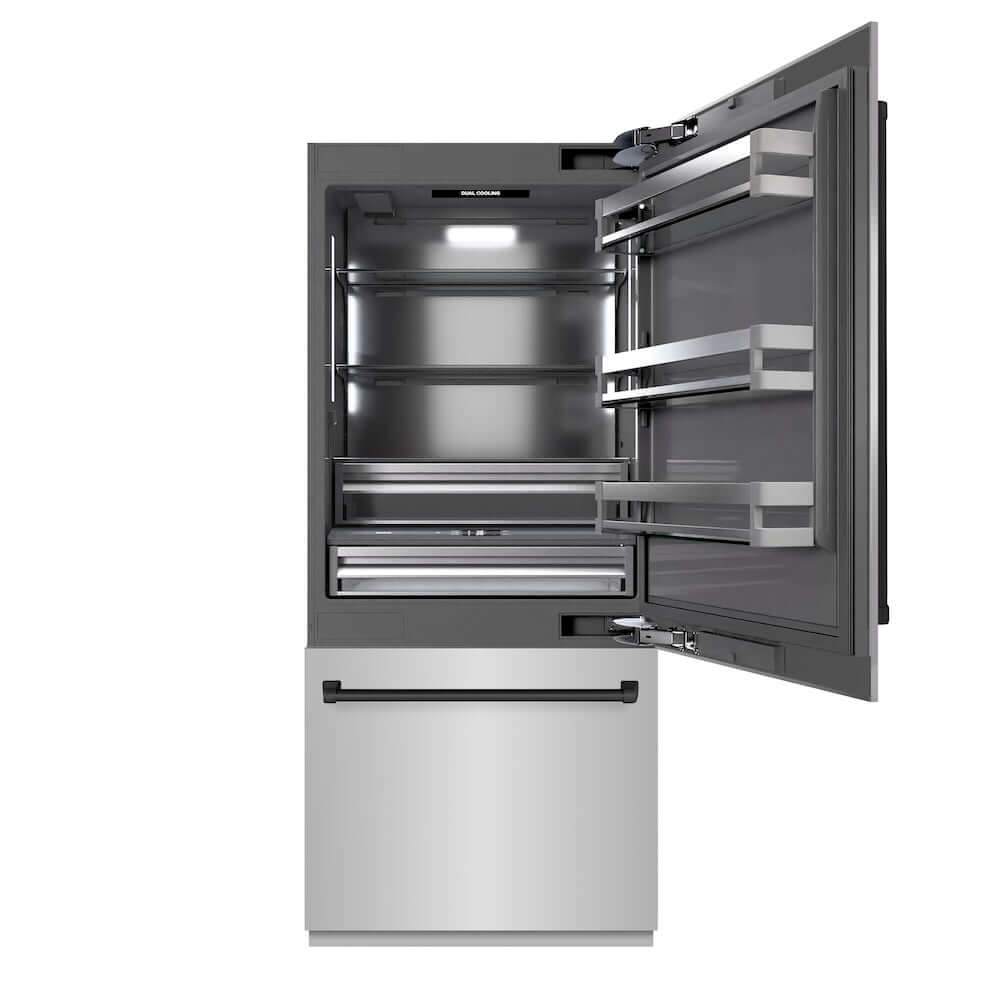 ZLINE Autograph Edition 36 Inch Built-In Bottom Freezer Refrigerator - 19.8 cu ft Capacity with Ice Maker & Water Dispenser - Stainless Steel Exterior with Graphite Gray Interior & Matte Black Accents (GRBITZ 304 36MB) - Perfect for Modern Kitchens & Open-Concept Homes