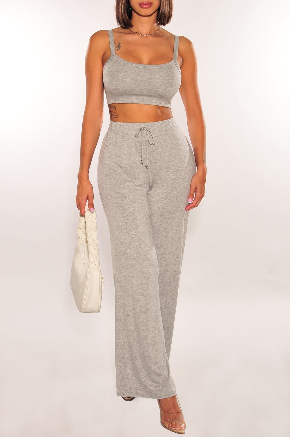 Heather Gray Tank Top & Palazzo Pants 2-Piece Outfit Set - Women's Casual Summer Lounge Wear for Beach Vacation & Yoga