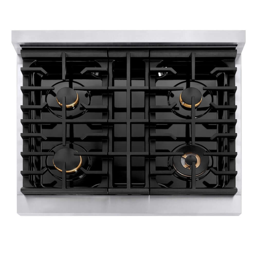 ZLINE Autograph Edition 30-inch 4.2 cu. ft. Dual Fuel Range with 4-Burner Gas Cooktop & Electric Convection Oven - Stainless Steel with Champagne Bronze Accents (SDRZ 30 CB) - Perfect for Gourmet Kitchens & Professional Home Chefs