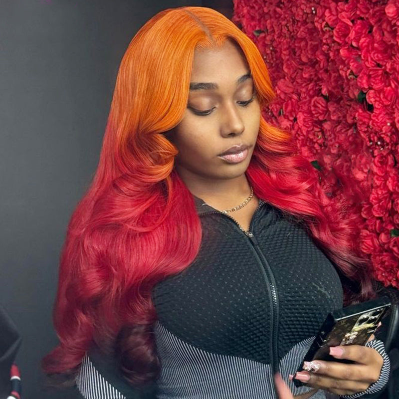 Eullair Ombre Orange Red Brown Body Wave Human Hair Wig with Transparent Lace Frontal for Women - Perfect for Daily Wear, Cosplay & Special Occasions
